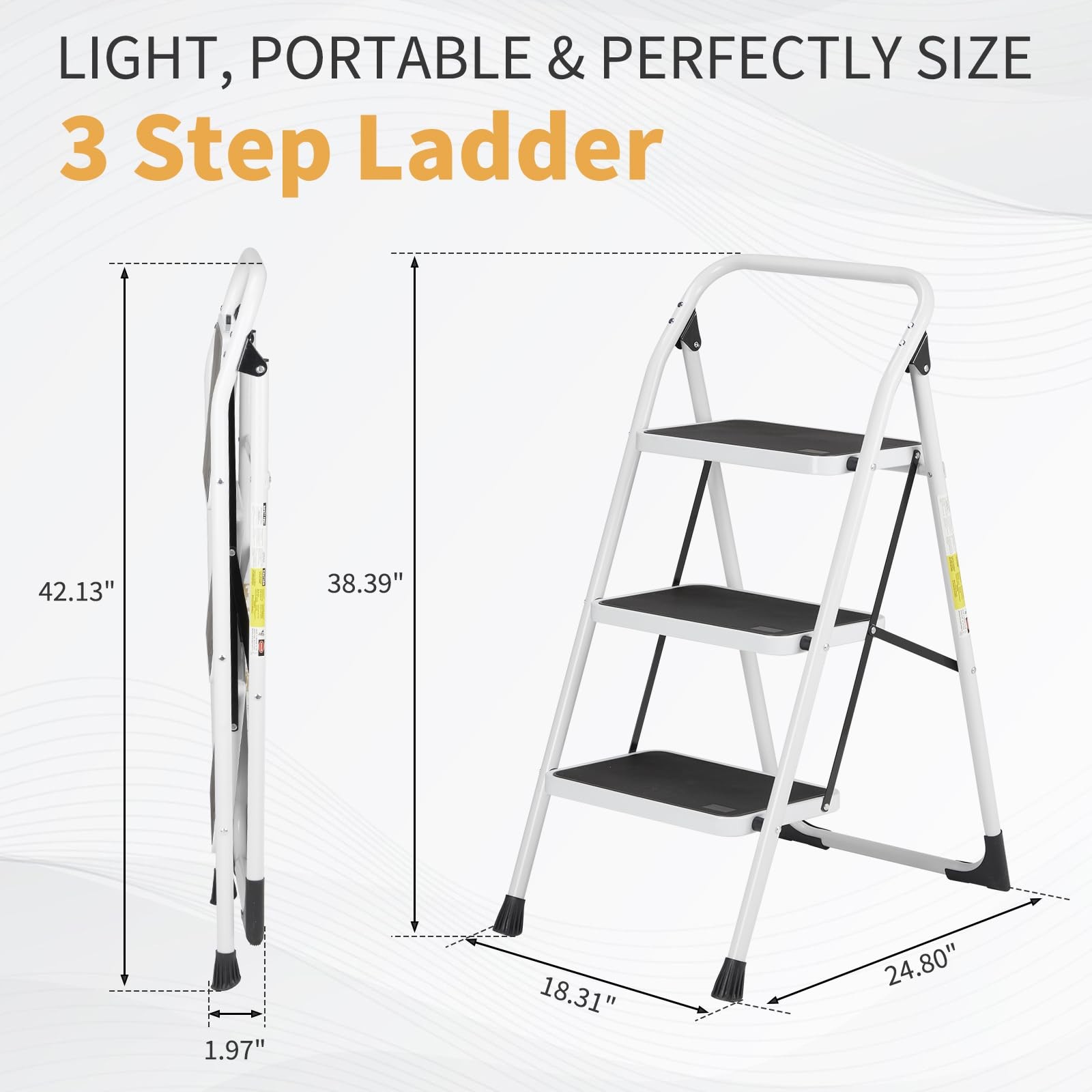 Winado 3 Step Ladder, Folding Stool with Wide Anti-Slip Black & White