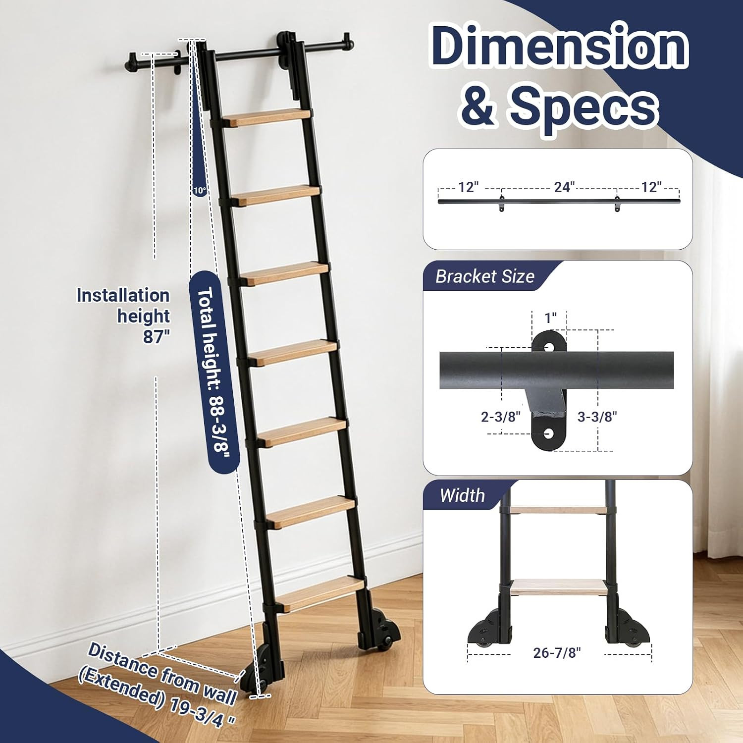 Solid Oak 88″ Sliding Library Ladder with 8FT Roller Track Kit