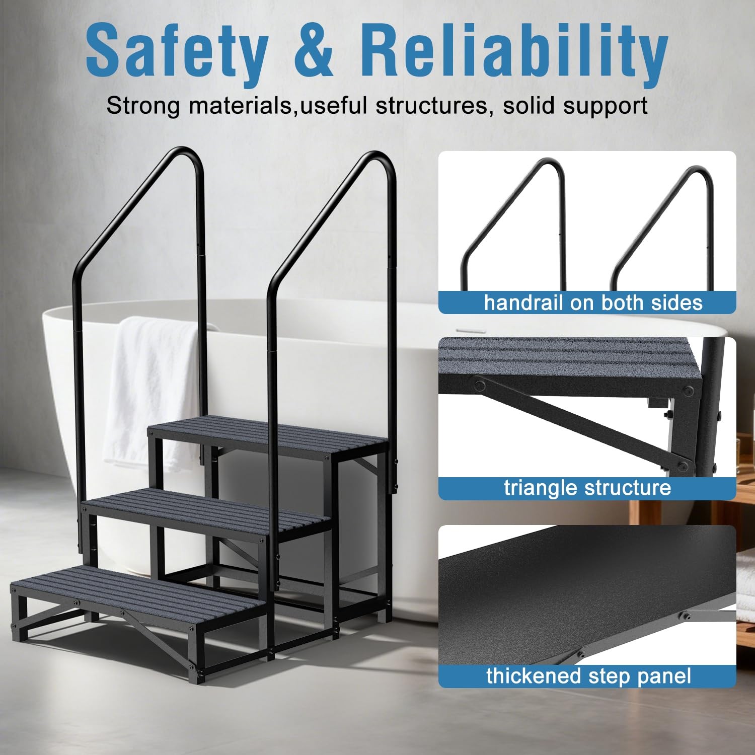 RV Steps with Handrail 3 Steps for Camper Trailer Mobile Home 660lbs Capacity