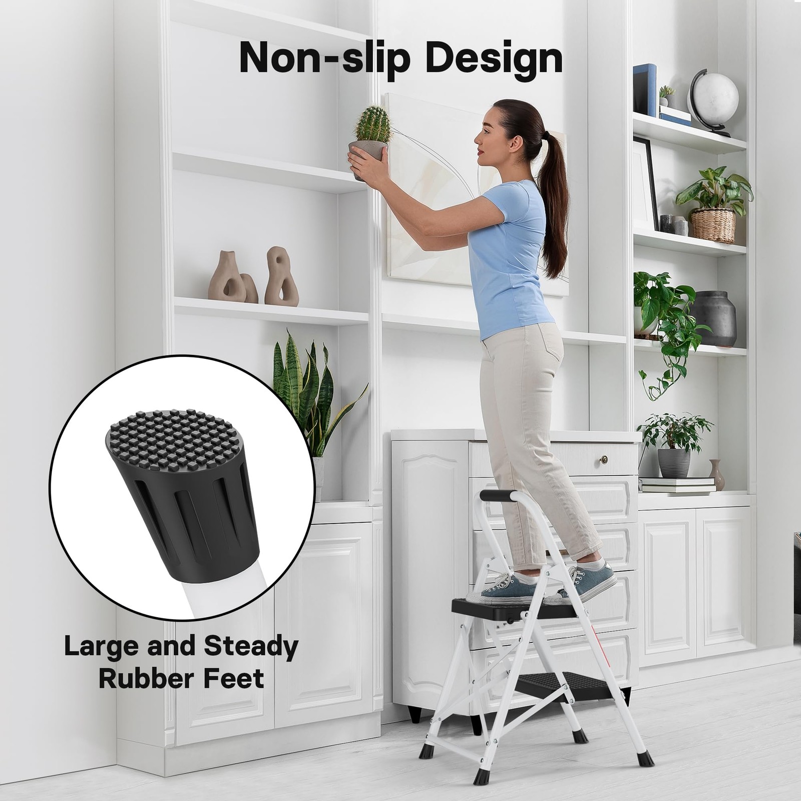 BONTEC 2-Step Ladder, Folding Step Stool, 2-Step, 600lbs Max Load, White