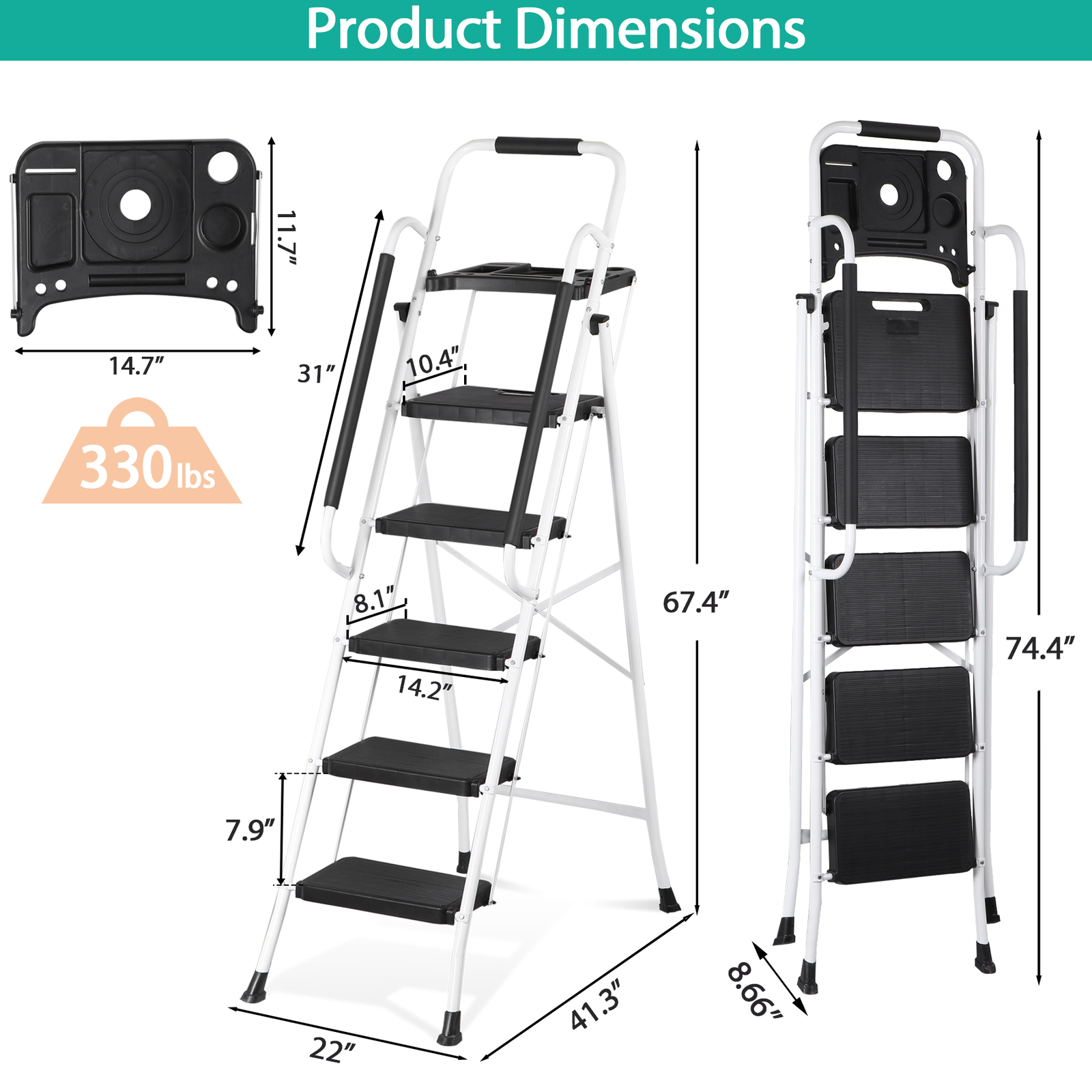 5 Step Ladder Steel Folding Step Stool w/Tool Tray & Handrails White Step Ladder
