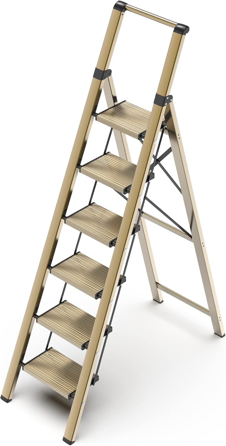 GameGem 6 Step Ladder for 12 Feet High Ceiling, Lightweight 6 Step, Gold