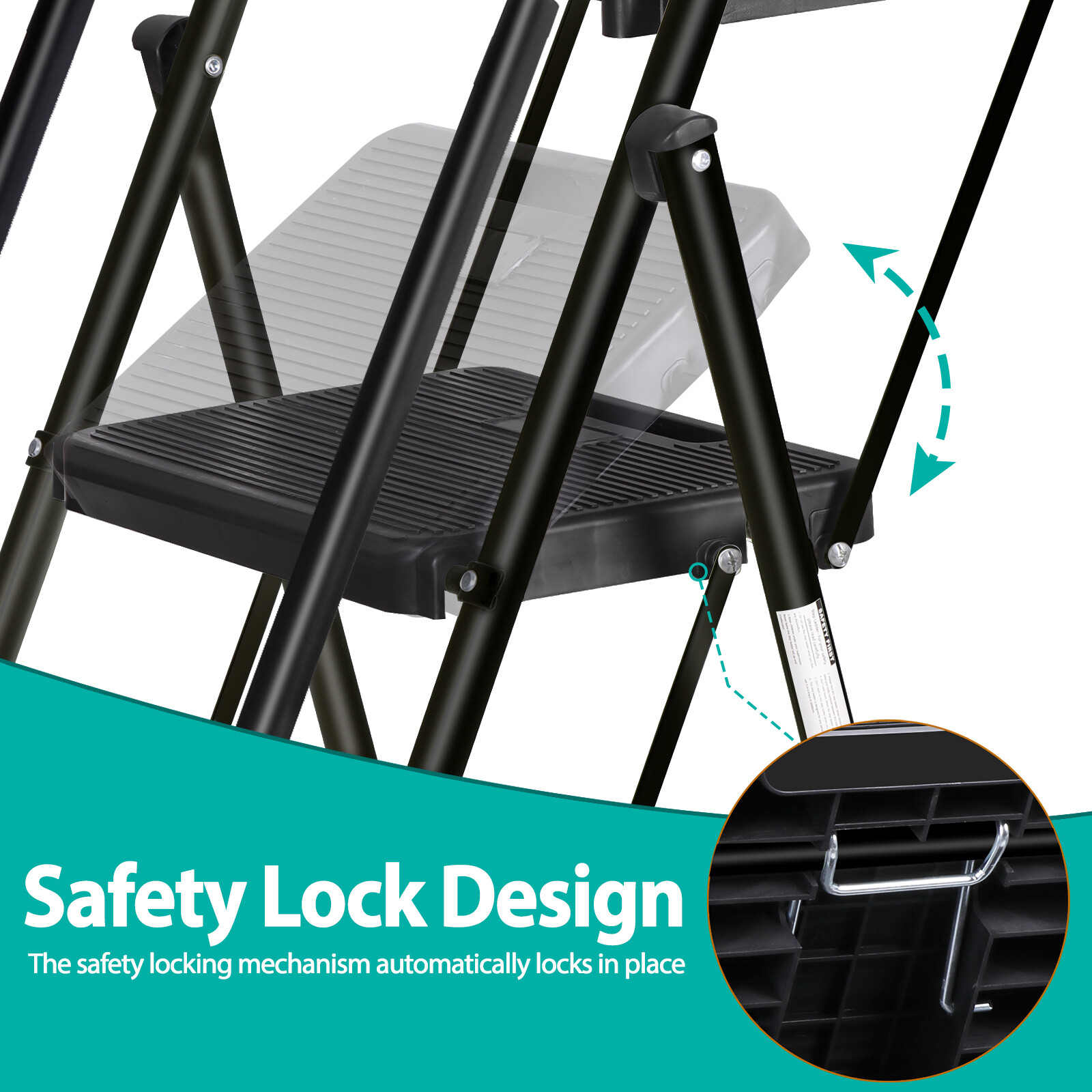 5-Step Ladder Portable Folding Anti-Slip Steel Ladder w/Handrail Tool Tray Black