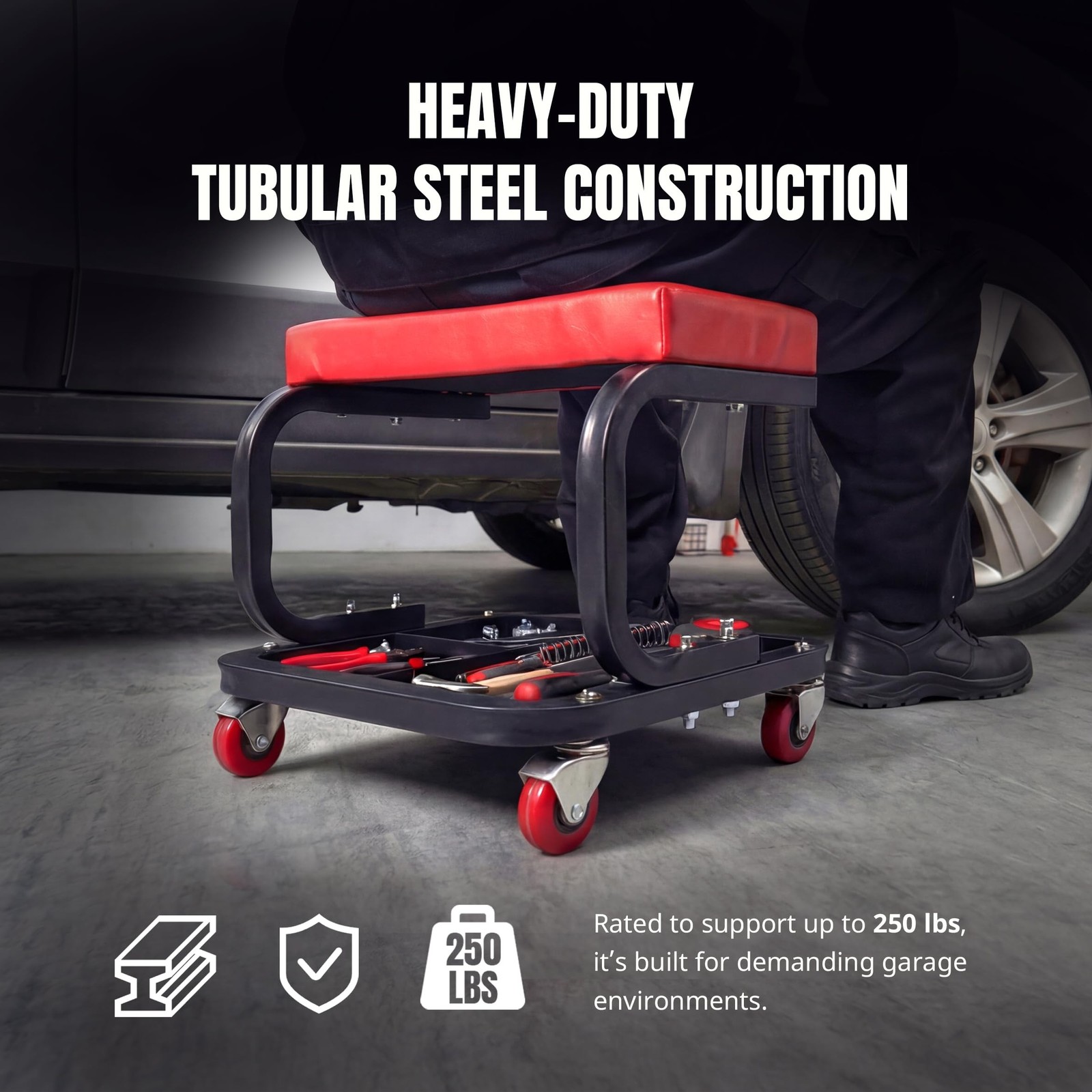 MaxWorks Mechanics Roller Seat – Heavy Duty 250 lb Capacity Rolling Creeper S…