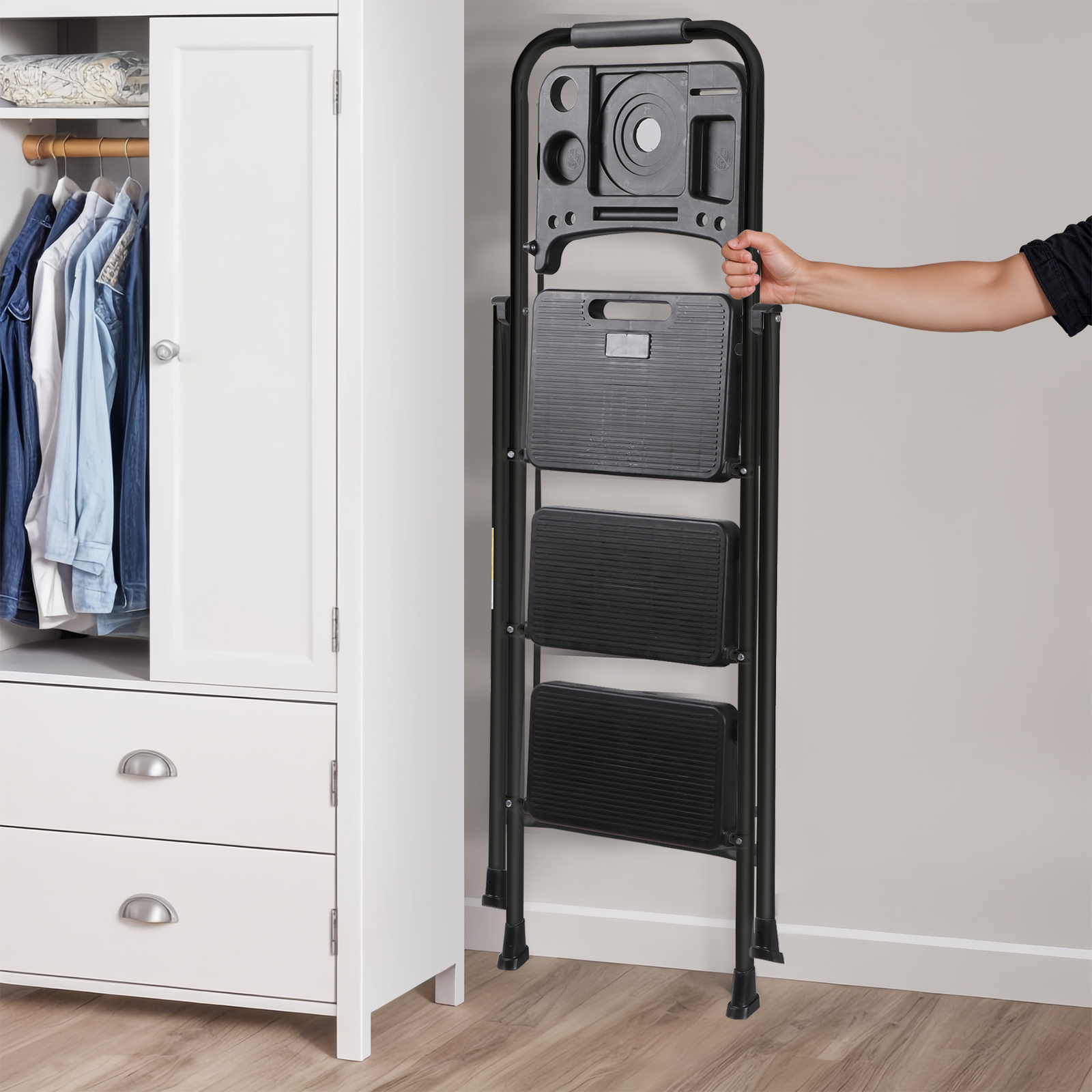 3-Step Ladder Folding Step Stool 330lbs Max Load Capacity Steel Non-Slip Black