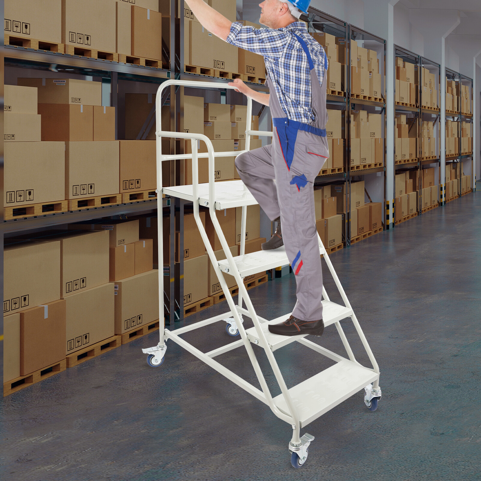4 Steps Rolling Stair 40″ Industrial Warehouse Ladder Floor Standing Stair 400kg
