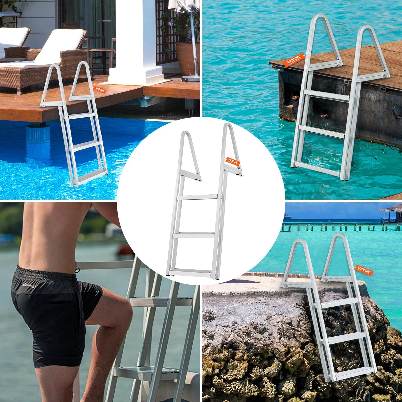 VEVOR Removable Dock Ladder 3 Steps, 350 lbs Load Capacity, 3 Step, New