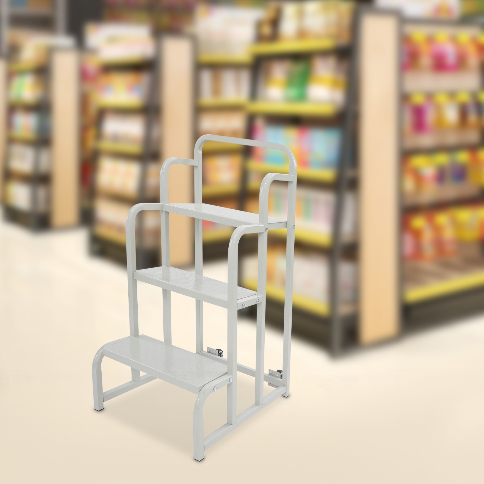 350kg Capacity Grocery Stair Mobile Store Ladder 3-Step Supermarket Shelf Ladder