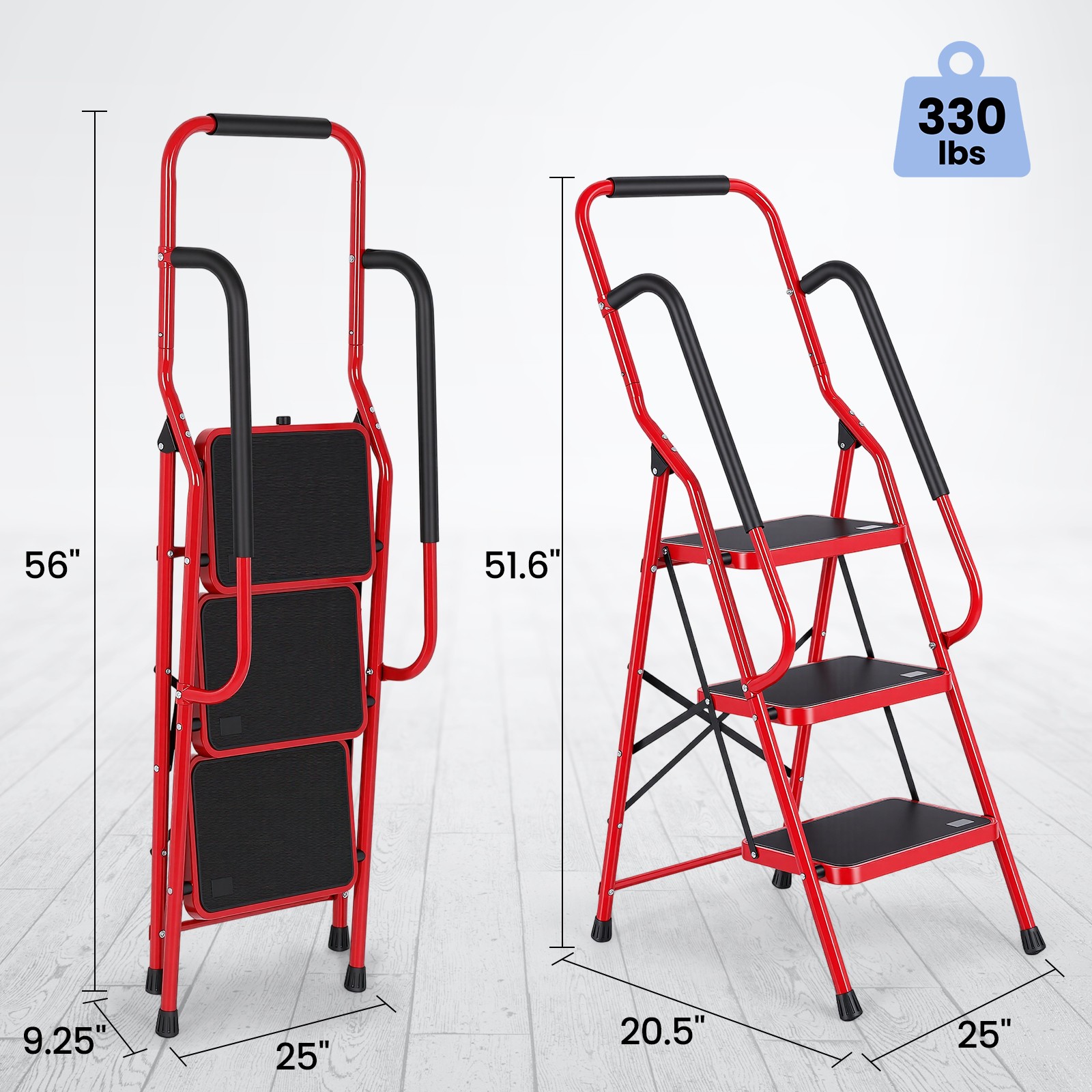 3 Step Ladder with Handrails, Portable Folding Step Stool with Safety Lock，Red