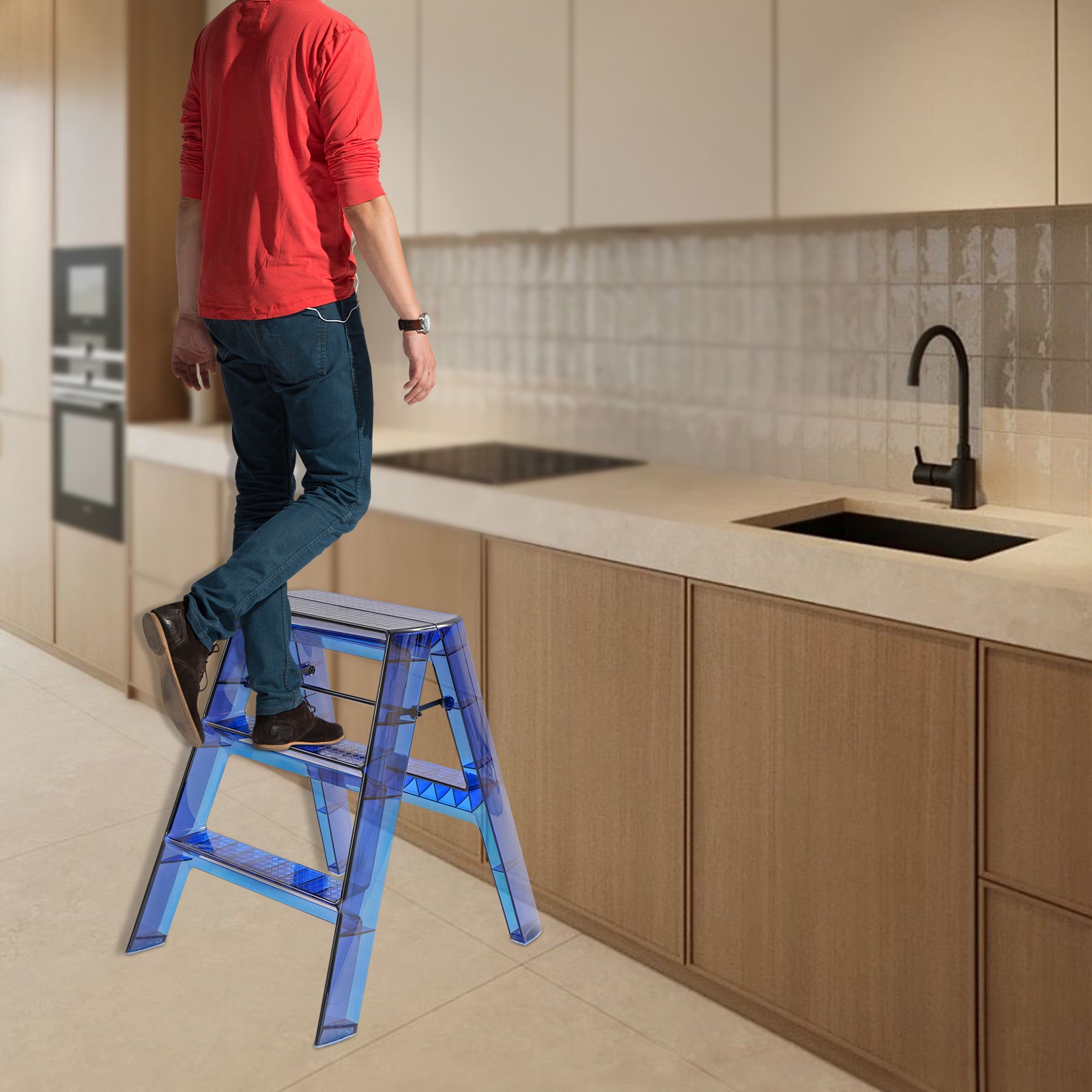 3-Step Folding Ladder Blue Household Portable Stepladder 330lbs Capacity Compact