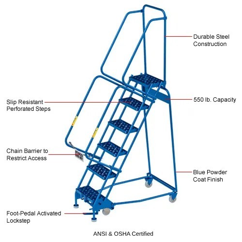 NEW 6 Step Narrow Steel Rolling Ladder, 16″W Perforated Step!!