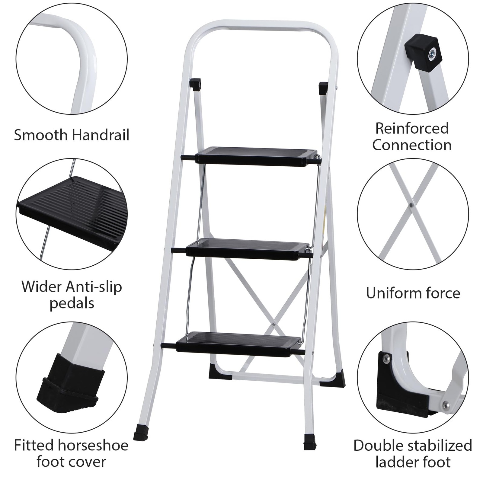 ZENY 3 Step Ladder Folding Stool with Wide 3 step ladder, White