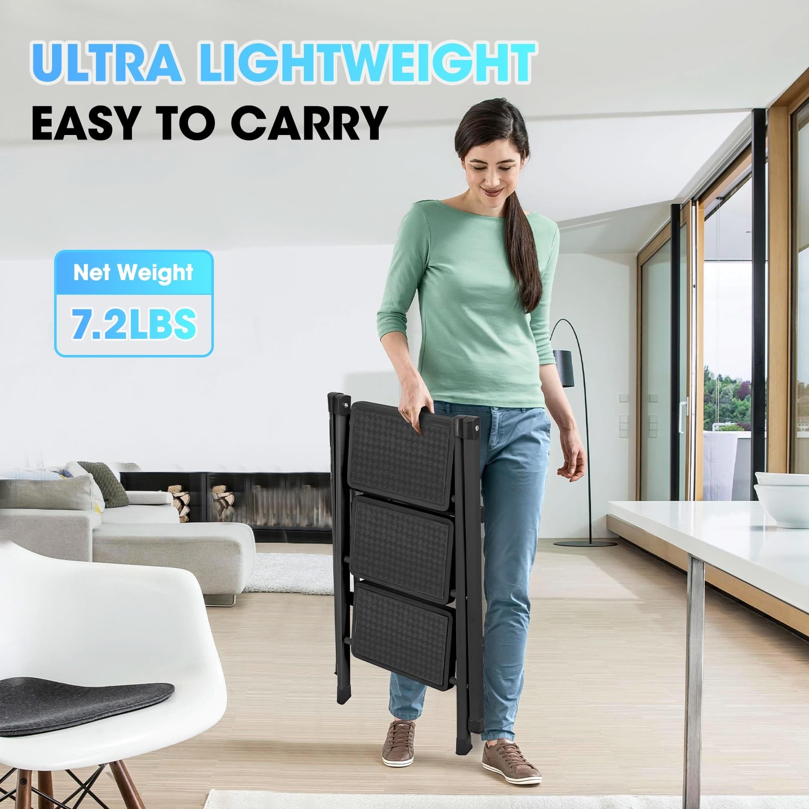 3 Step Ladder, Folding Stool for Adults, 3 – Black – Standard