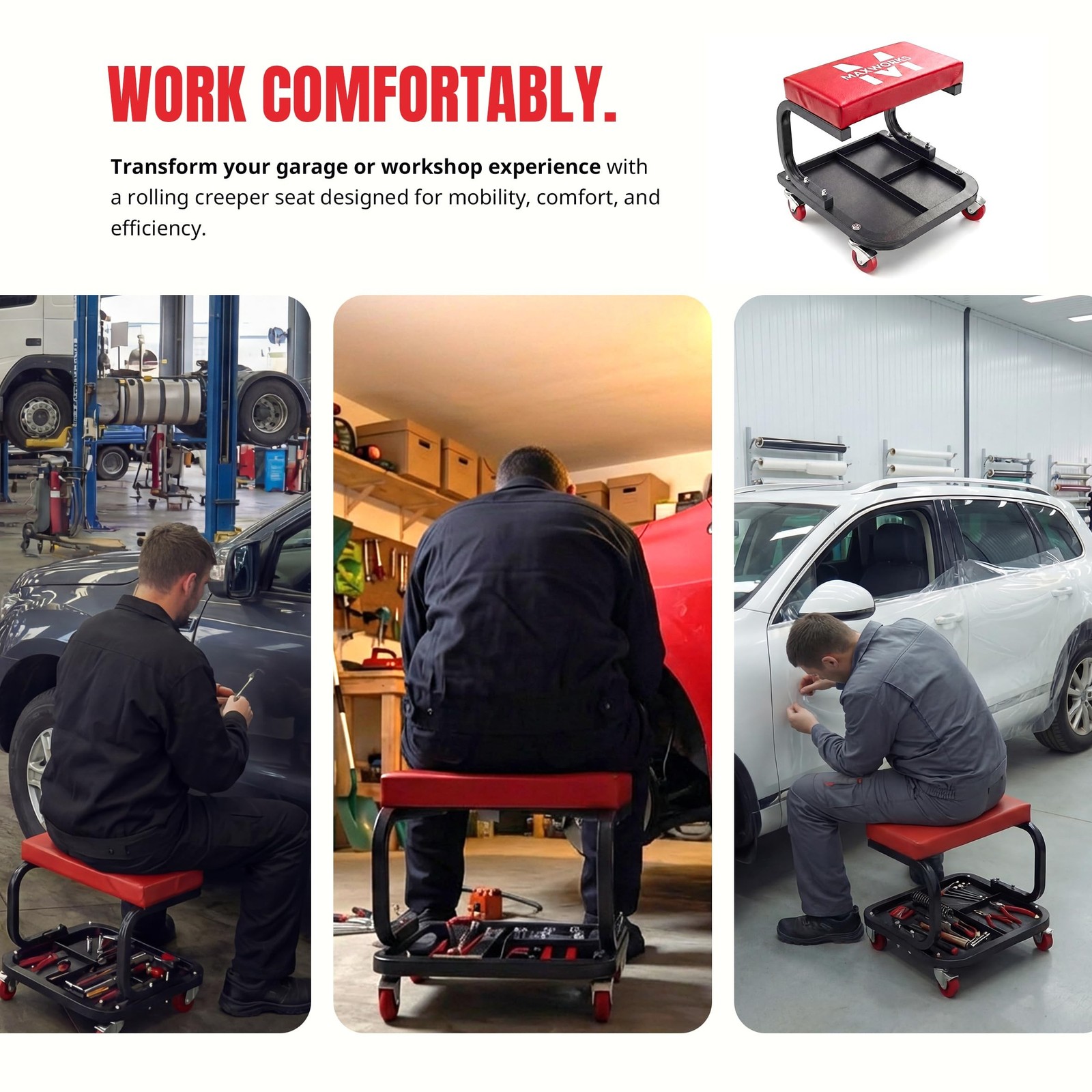 MaxWorks Mechanics Roller Seat – Heavy Duty 250 lb Capacity Rolling Creeper S…