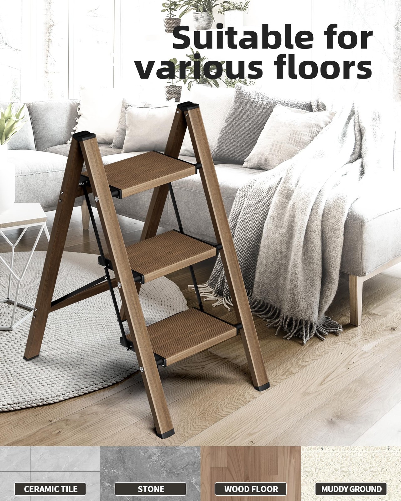 HillhutApex 3 Step Stool, Aluminum Foldable Ladder, 3 Step, Walnut