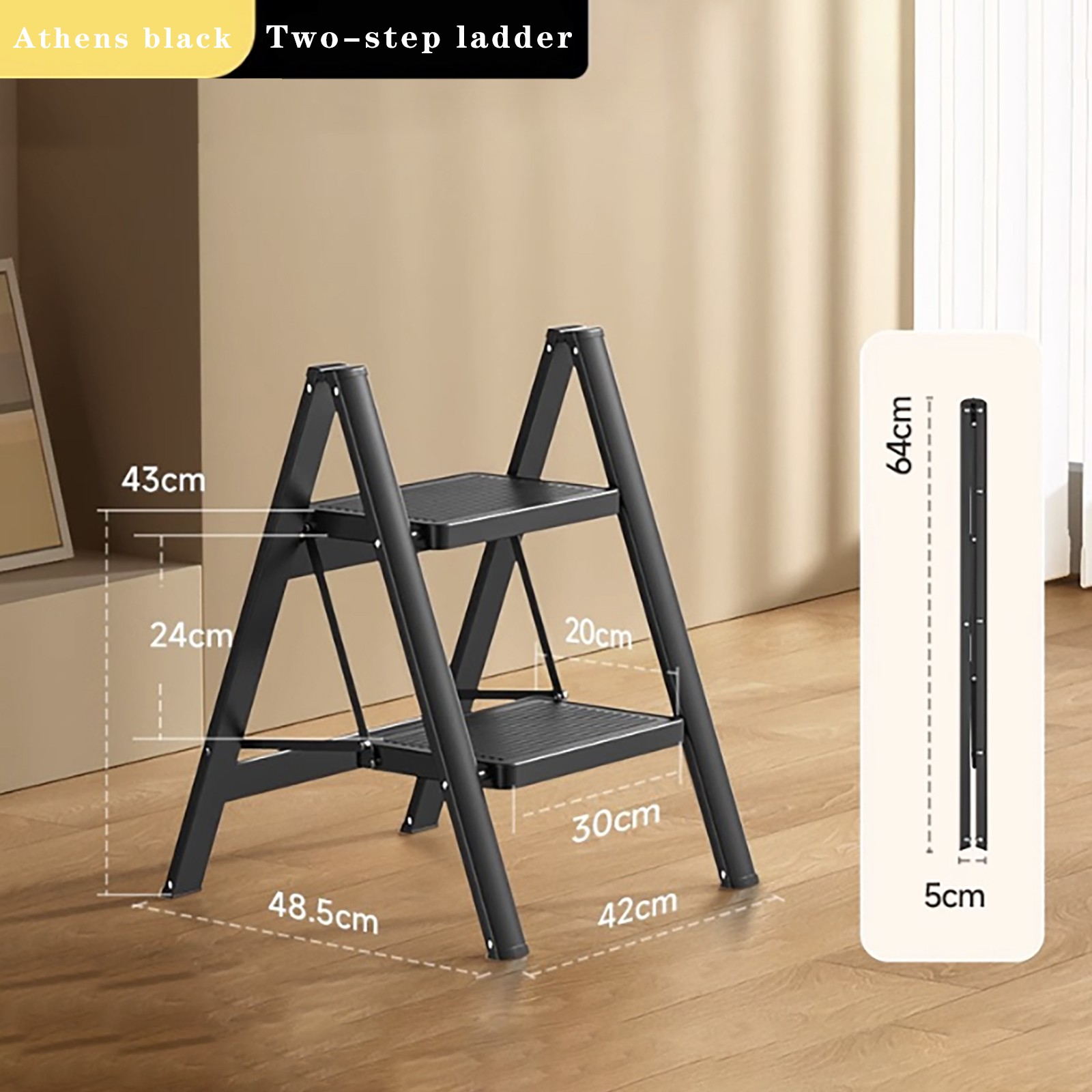 Stepladder, 2 Tiers, Foldable, Aluminum, Wide, Lightweight, Compact, Ladder.
