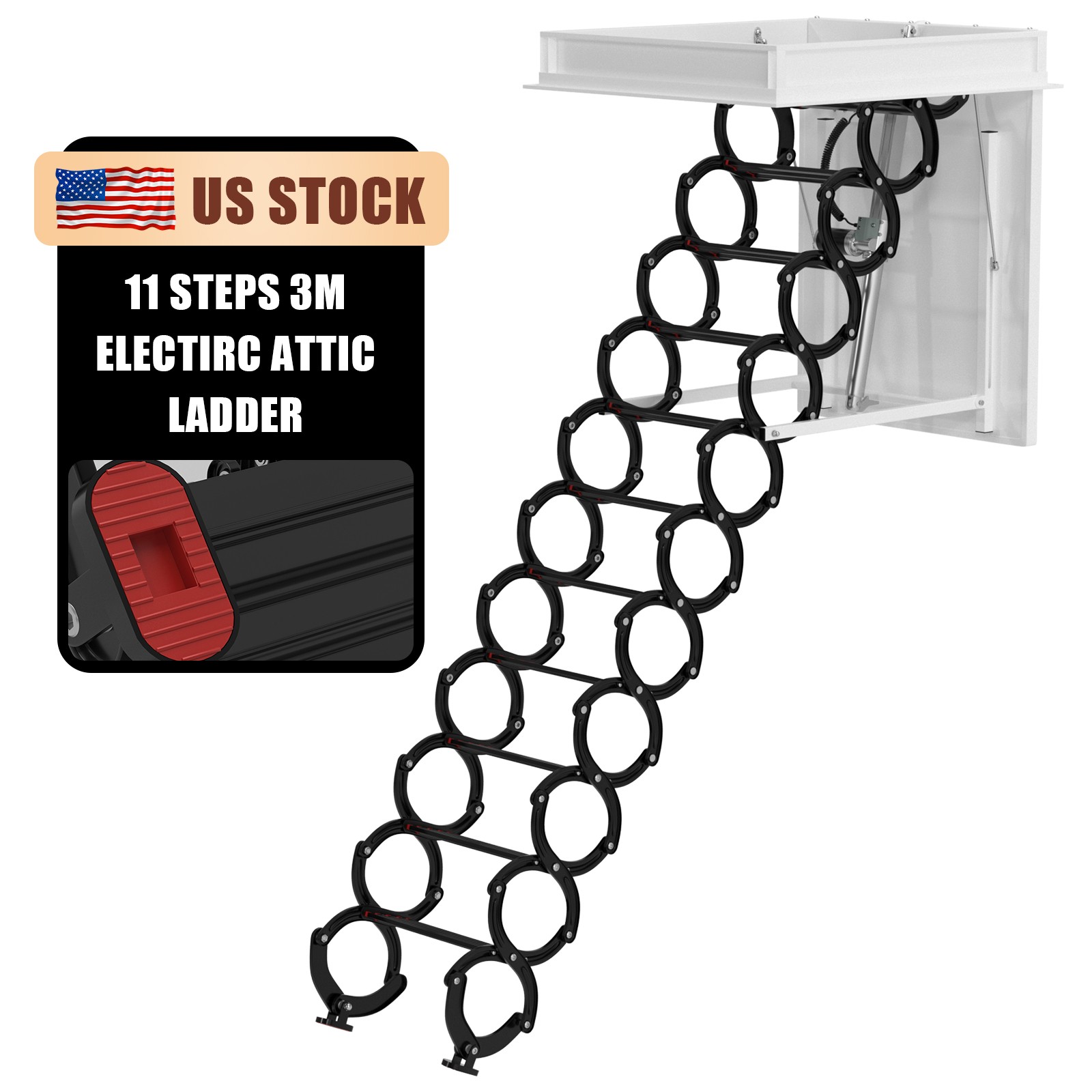 11 Steps 3m Electirc Attic Ladder Aluminum Folding With Remote Loft 31.5*35.4″
