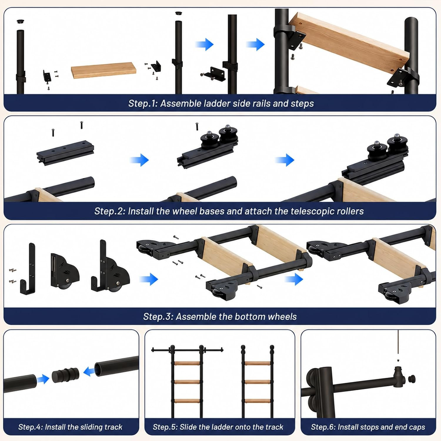 Solid Oak 88″ Sliding Library Ladder with 8FT Roller Track Kit