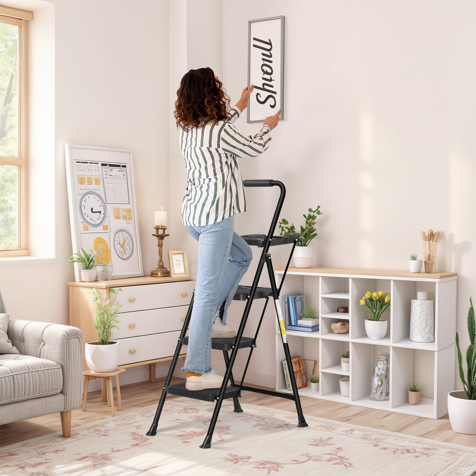 3-Step Ladder Folding Step Stool 330lbs Max Load Capacity Steel Non-Slip Black