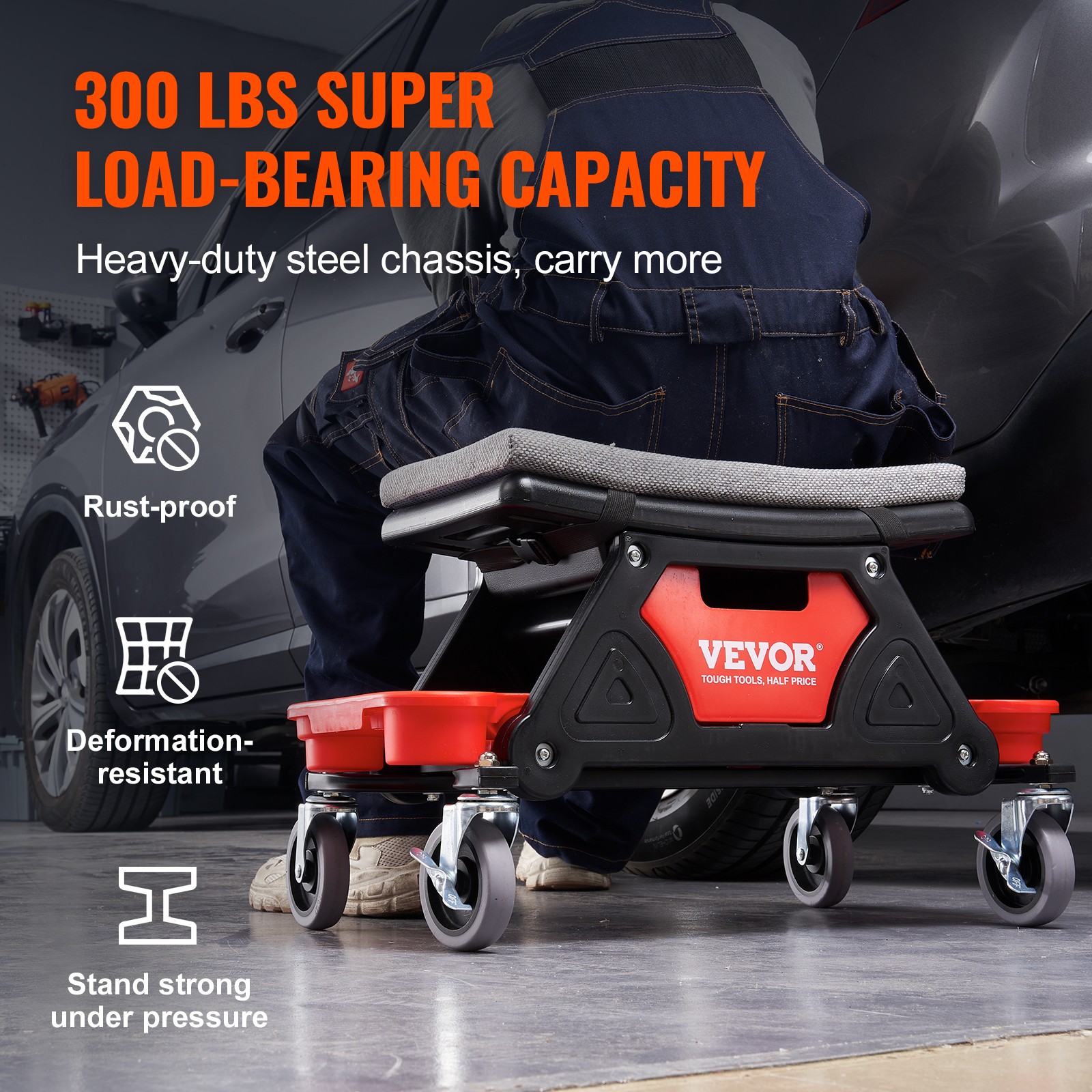 300LBS Rolling Mechanic Stool with 3 Slide Out Tool Trays Drawer Garage Seat