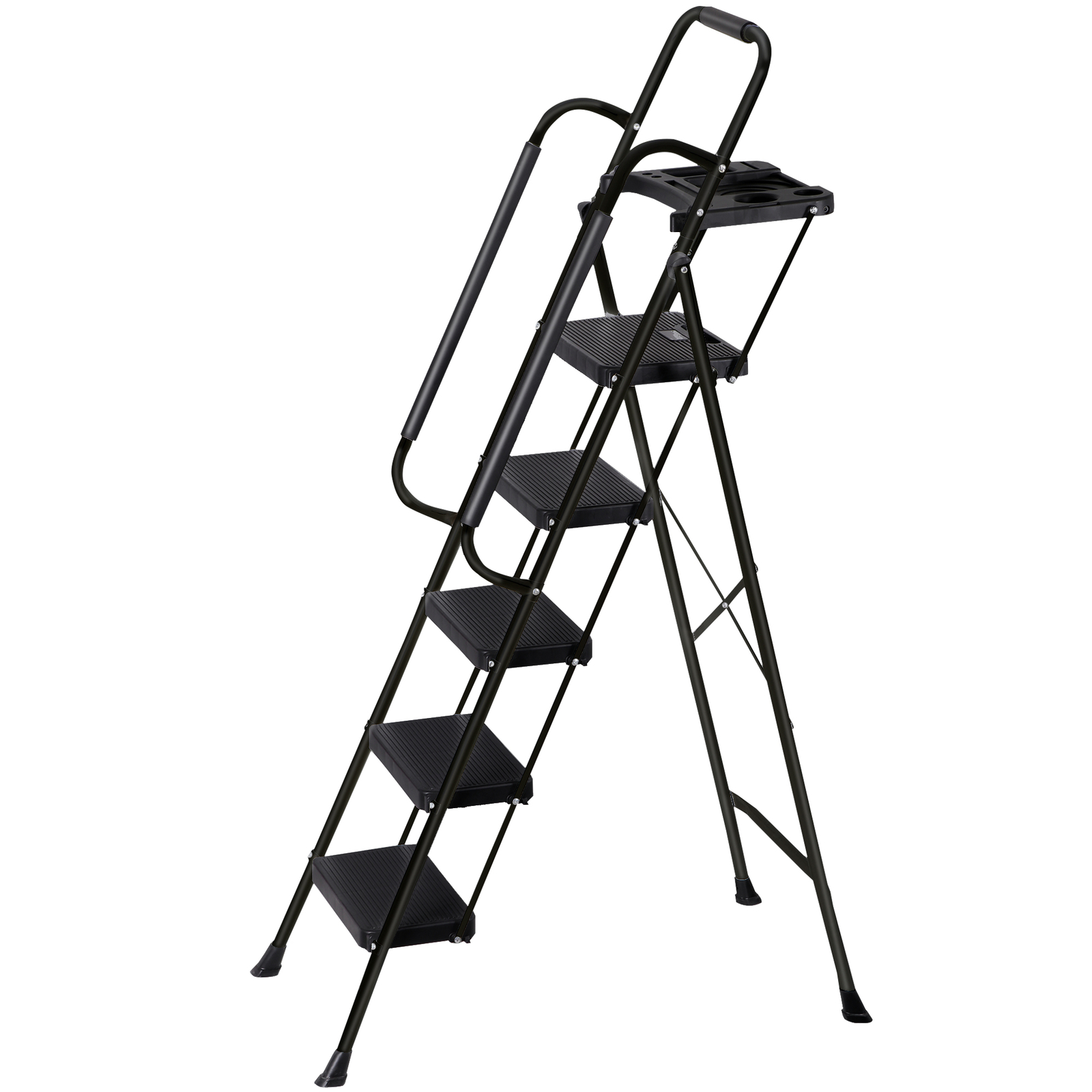 5-Step Ladder Portable Folding Anti-Slip Steel Ladder w/Handrail Tool Tray Black