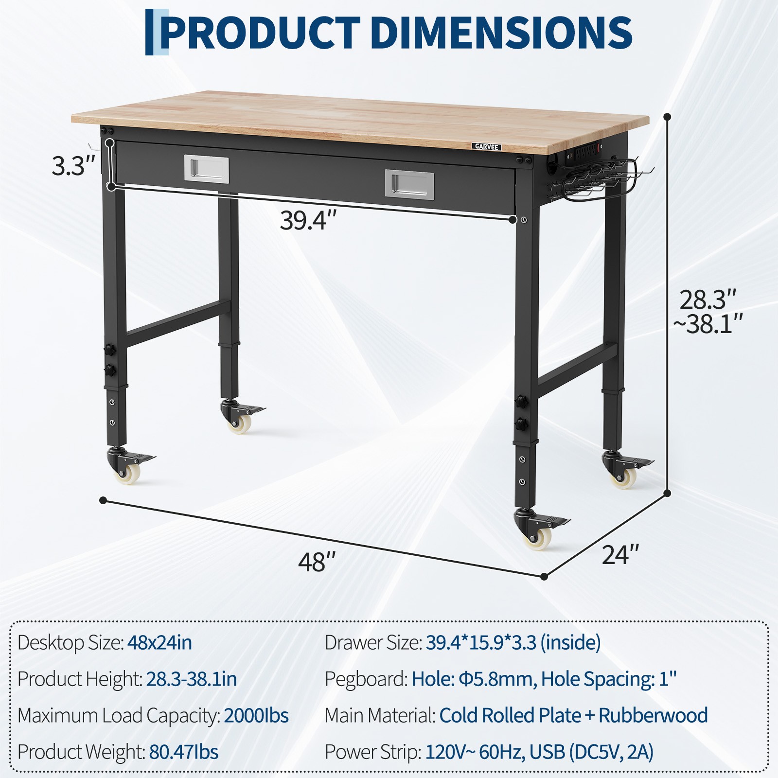 Adjustable Height Workbench 48×24” HeavyDuty Steel Garage Work Table ETL Outlet
