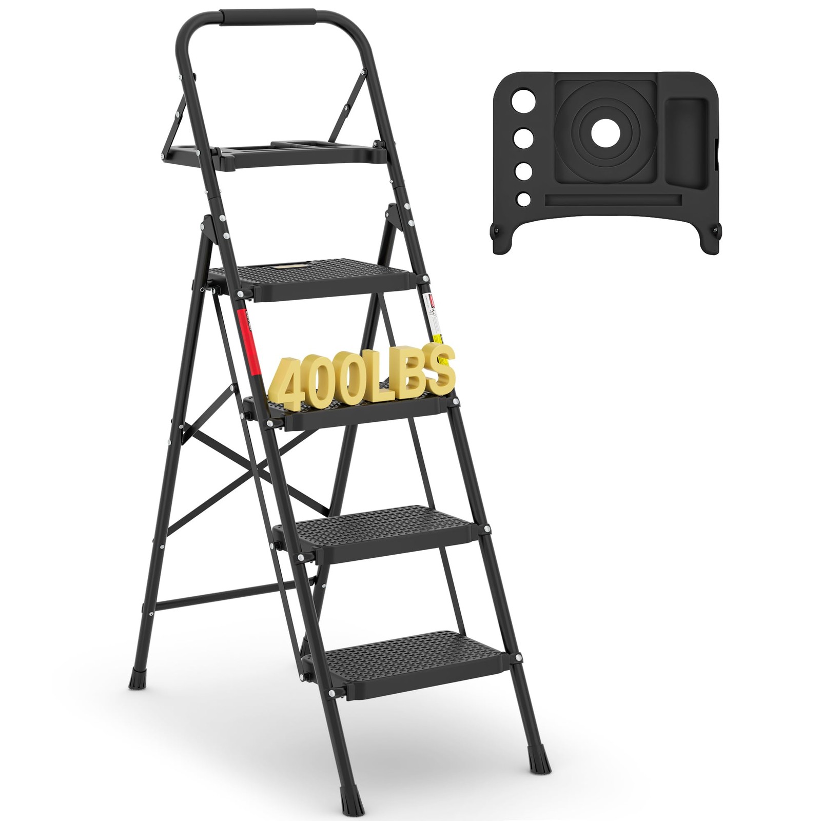 BONTEC 4-Step Ladder, 400lbs Max Load, Folding 4-Step, Black