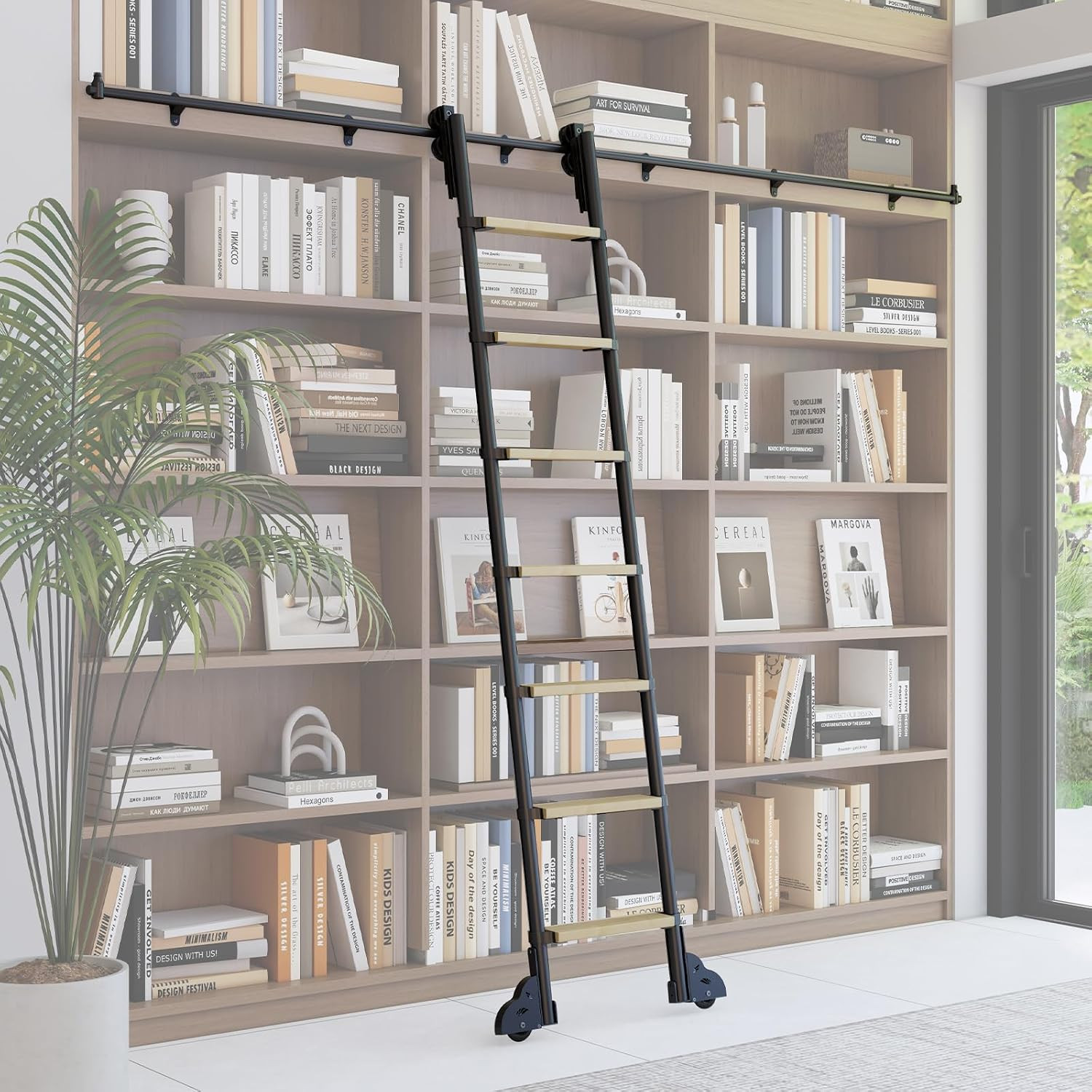 Solid Oak 88″ Sliding Library Ladder with 8FT Roller Track Kit