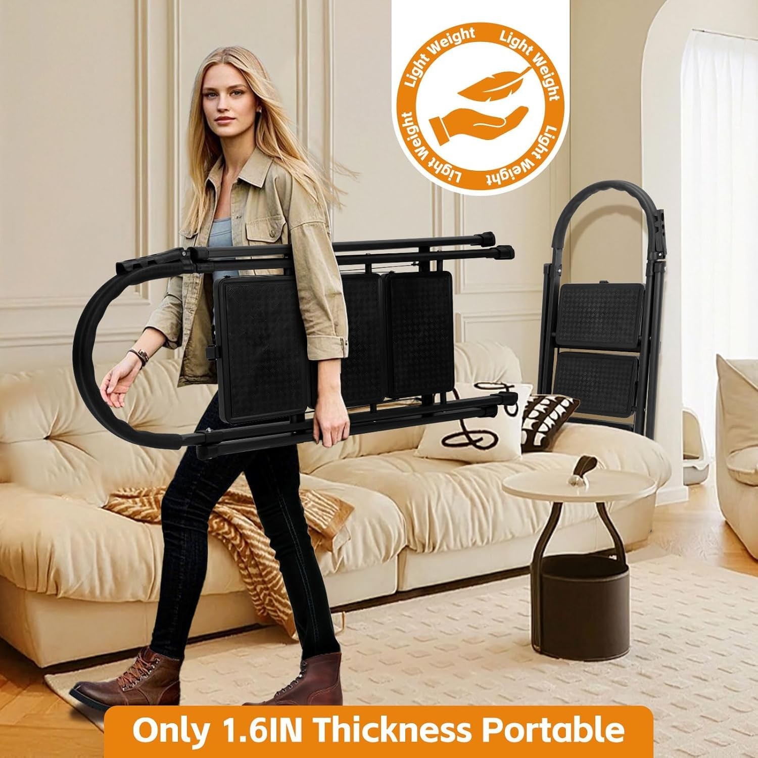 3 Step Ladder, Folding Stool with Wide Anti-Slip Pedal, 3-Step, Black
