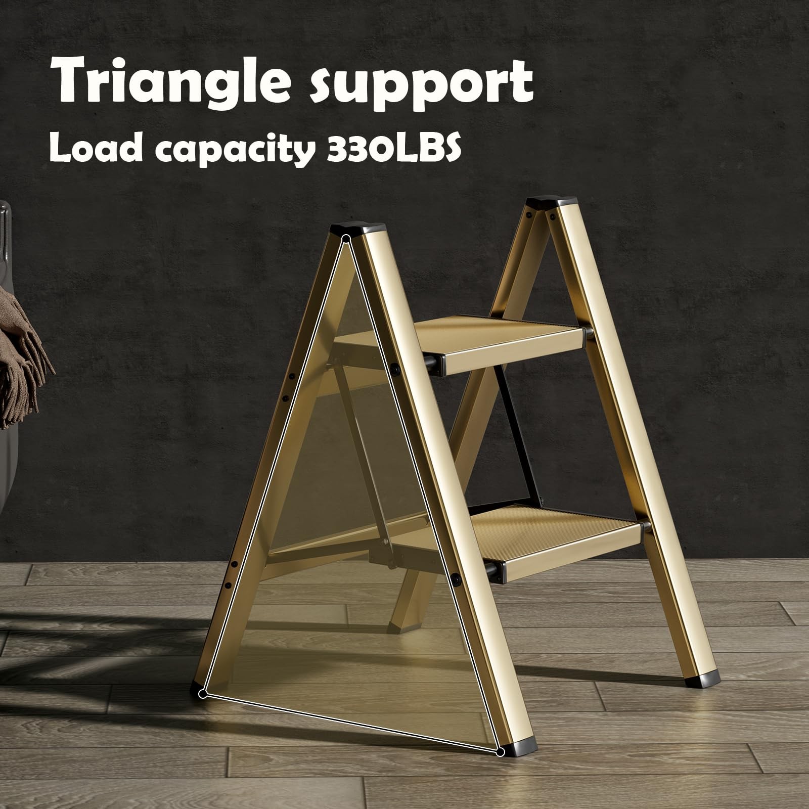 HillhutApex 2 Step Stool, Aluminum Foldable Ladder, 2 Step, Gold
