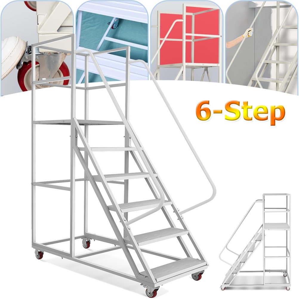 6 Step 1213lbs Steel Rolling Platform Step Ladder Safety Non-Slip Stairs -USA