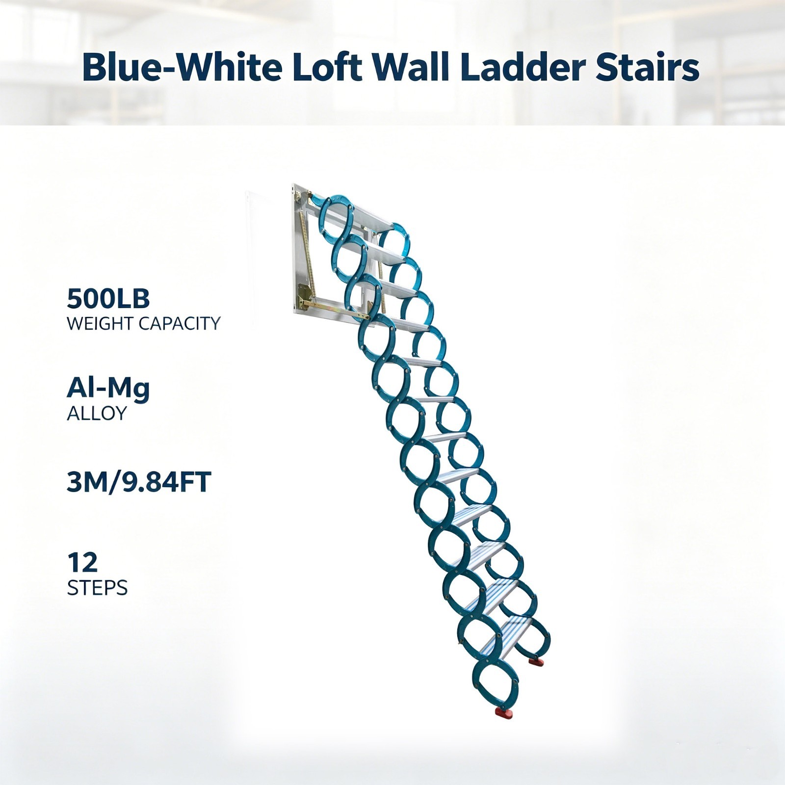 Wall Mounted Attic Extension Ladder Blue Attic Ladder 500lb Capacity 12 Steps