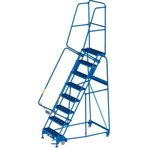 NEW 8 Step Steel Rolling Ladder, 24″W Perforated Step, Cal/OSHA Handrail!!