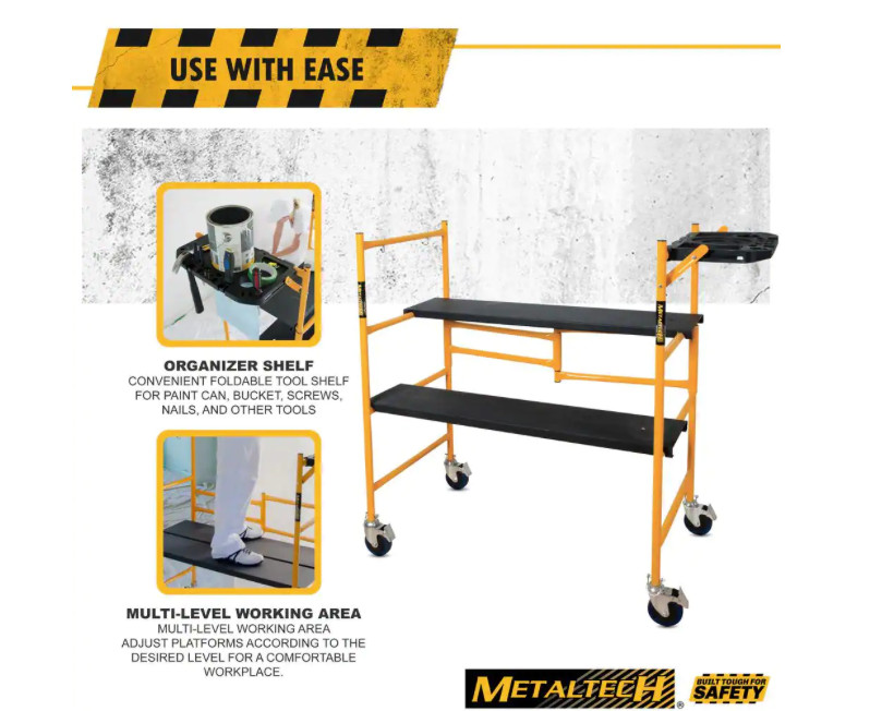 MetalTech Jobsite Series Baker Mini Scaffold Platform with Wheels Tool Shelf