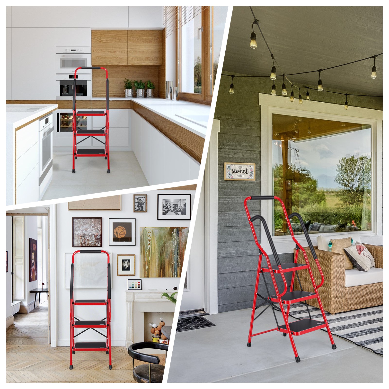 3 Step Ladder with Handrails, Portable Folding Step Stool with Safety Lock，Red