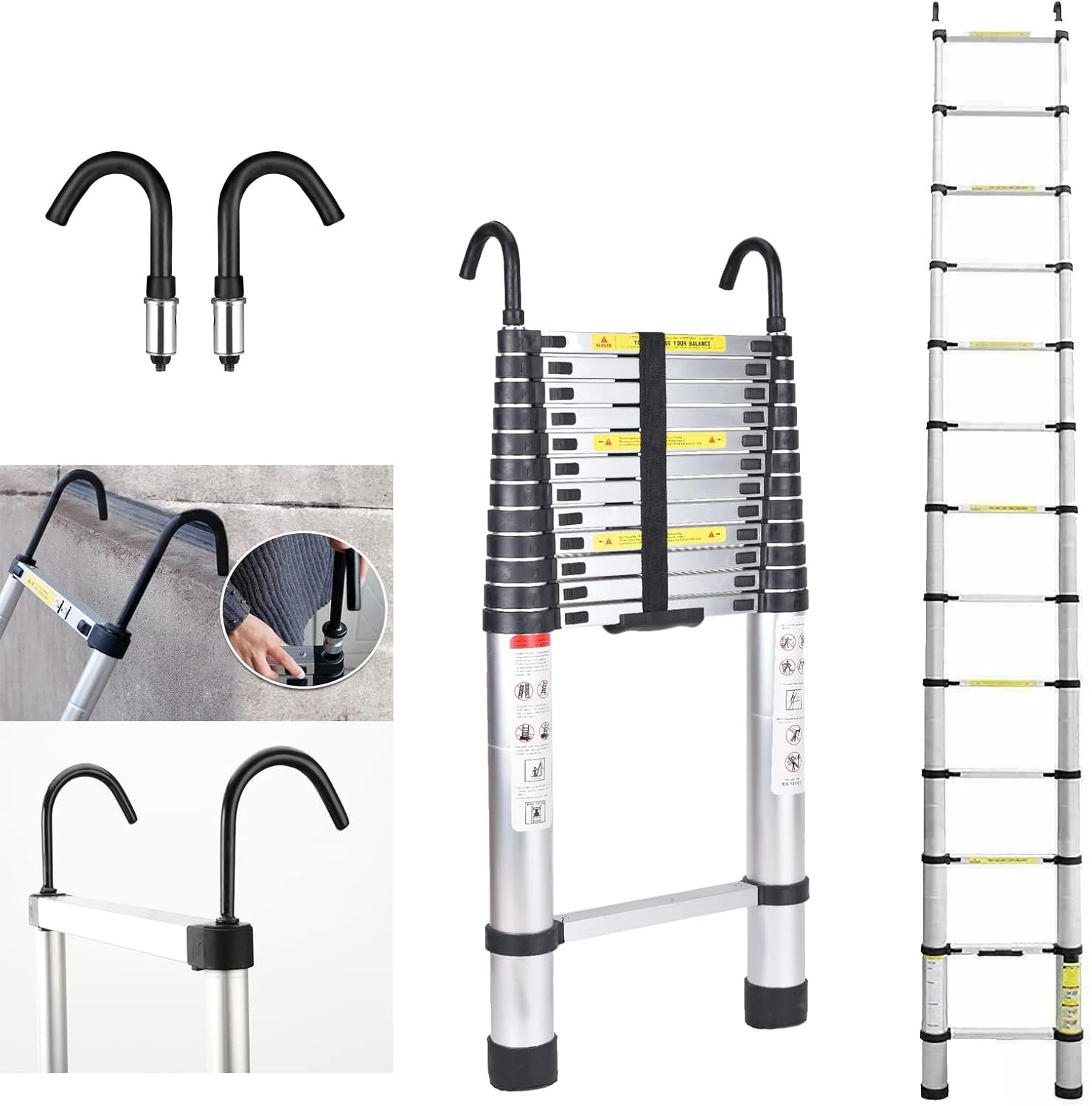 Jupitor 16FT Aluminum Telescoping Ladder with 2 Roof Hooks