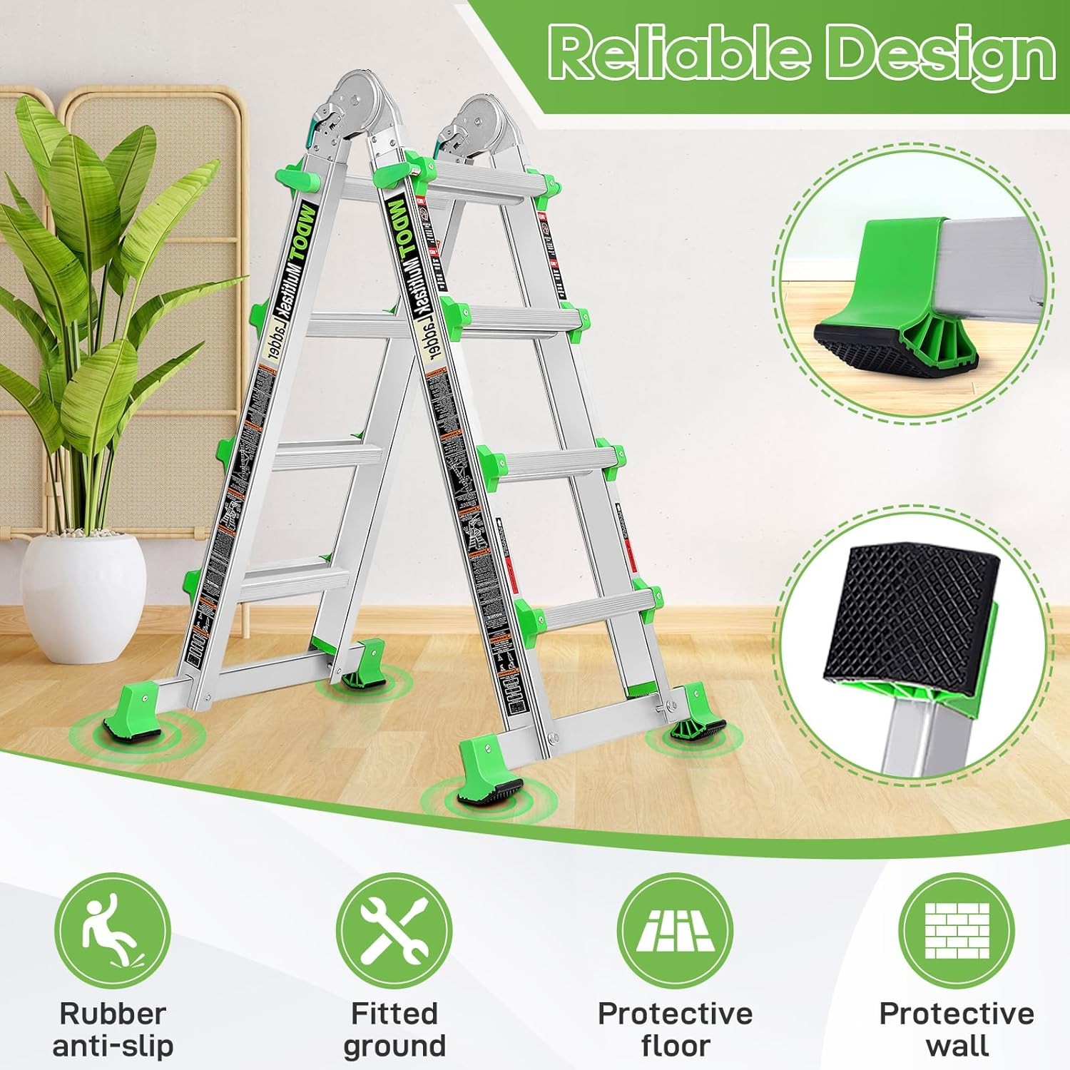Ladder, Extension Ladders for Home Stairs 14 Ft, 4 Step Multi 14 FT, Green