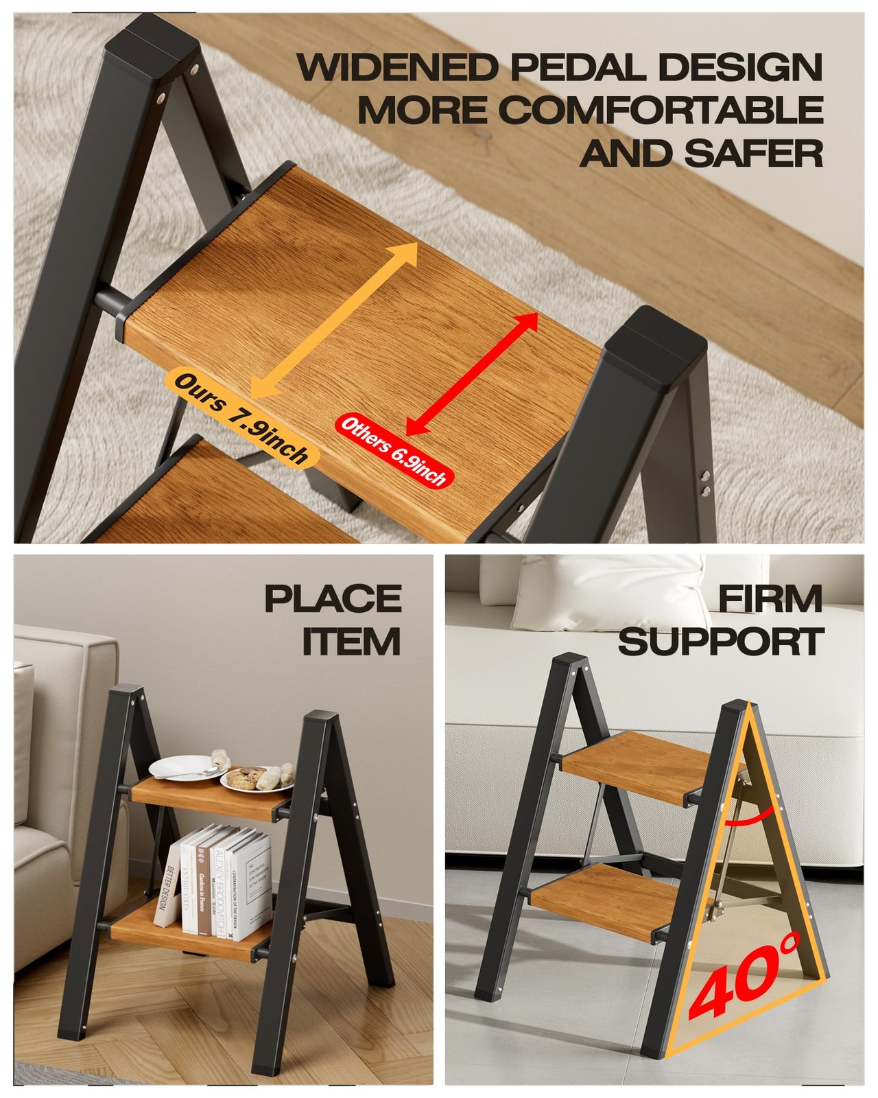 Taranta 2-Step Aluminum Ladder,Lightweight Folding 2 Step, Black&woodgrain