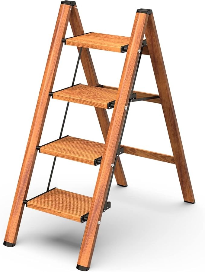 Aluminum 4 Step Folding Ladder Woodgrain 330 lb Capacity