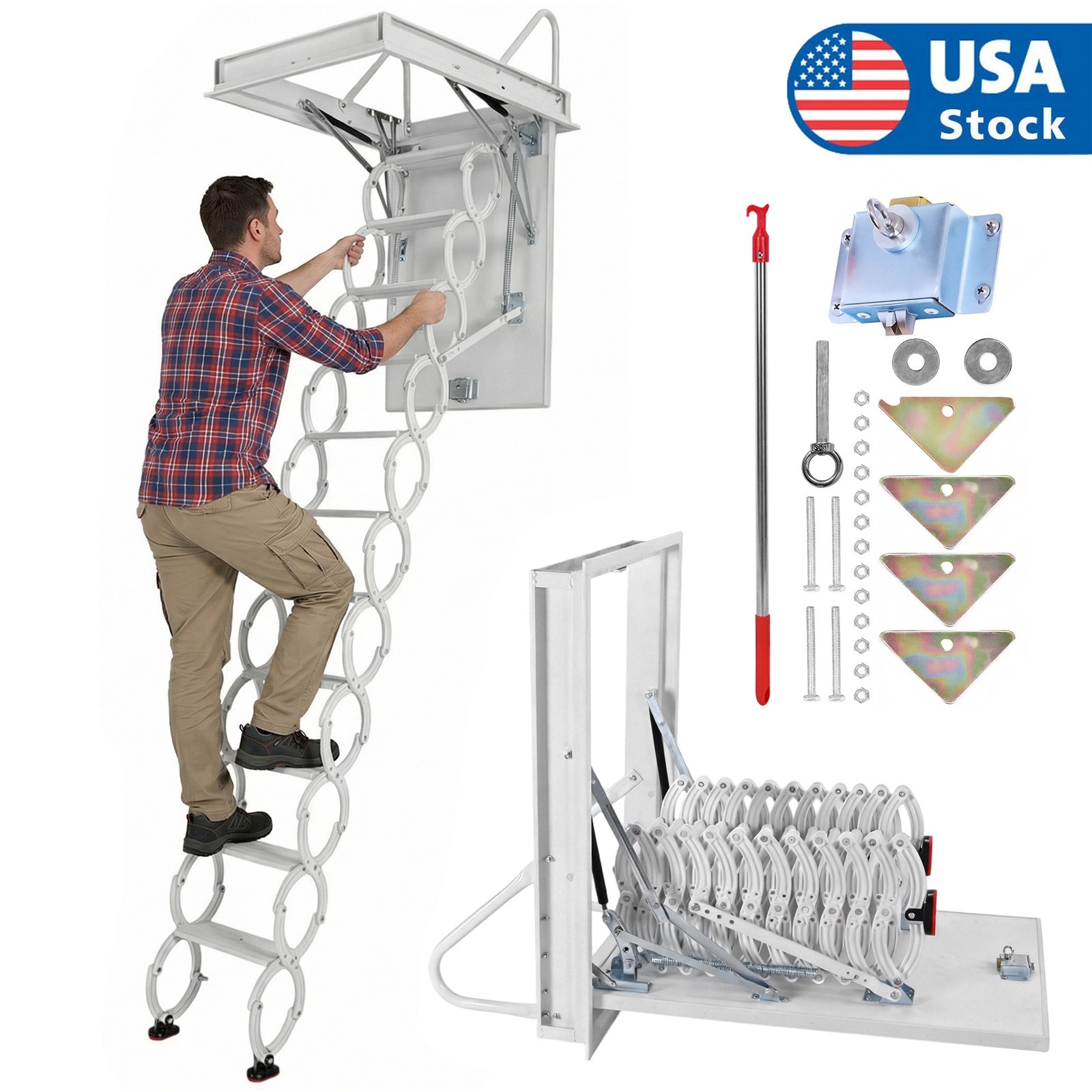 11 Steps Wall Mounted Folding Ladder Loft Stairs White Attic Steps Pull Down US