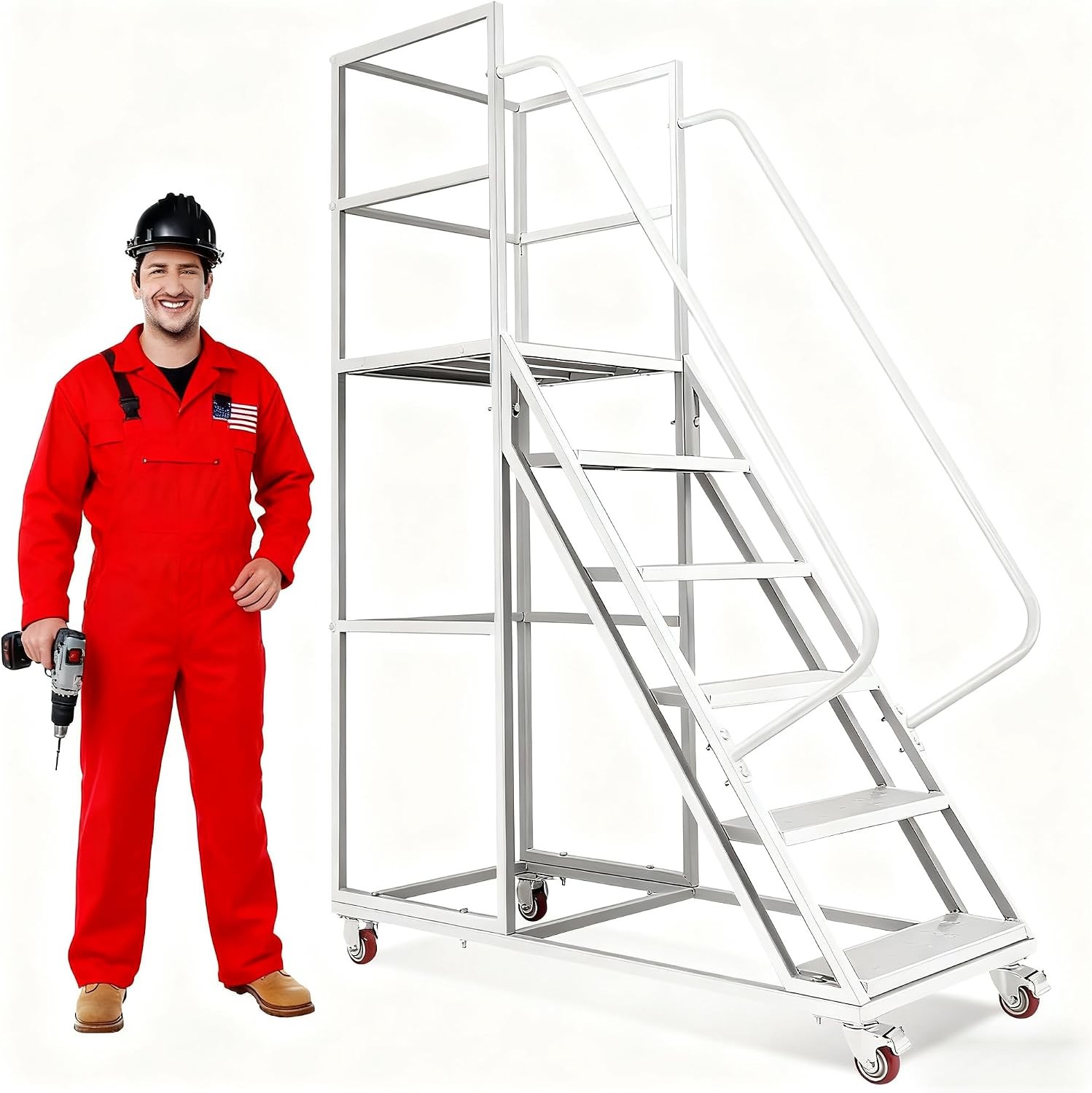 6 Step Rolling Ladder w/Wheel 1200LB Non-Slip Tread Industrial Rolling Staircase