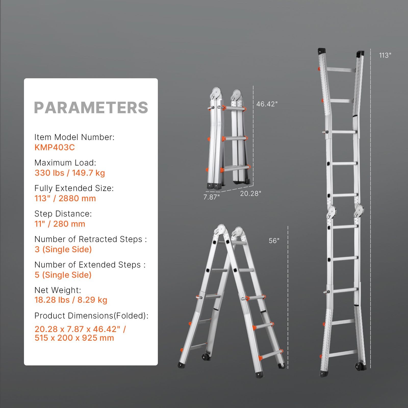 9.5 ft telescoping aluminum A – frame ladder, 330lb capacity, portable
