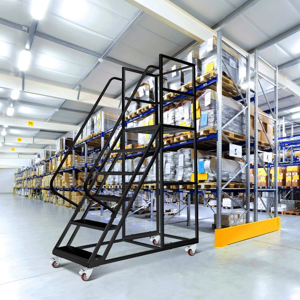 6 Step 550kg Steel Rolling Platform Step Ladder w/ Safety Guardrail Fence Black