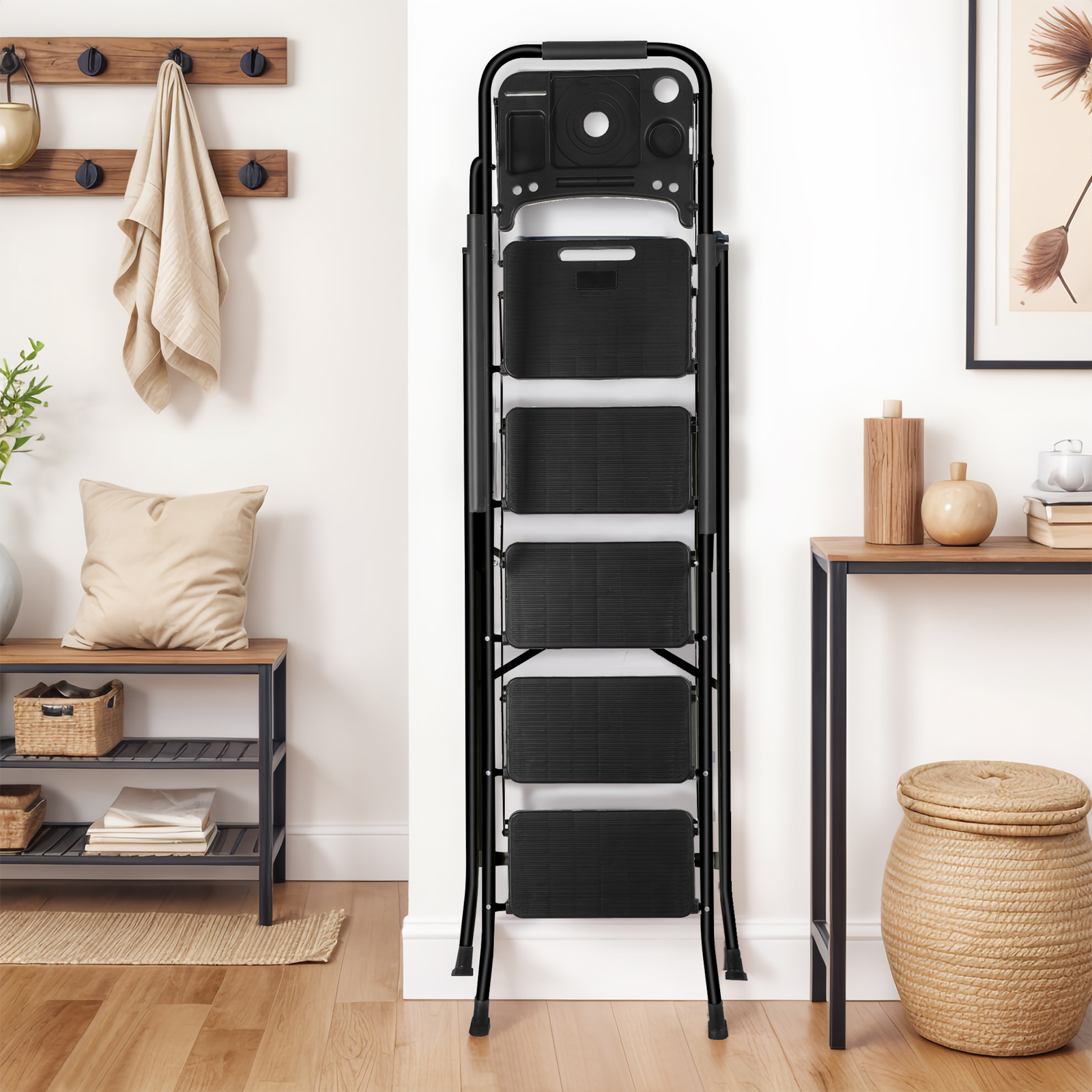 5-Step Ladder Portable Folding Anti-Slip Steel Ladder w/Handrail Tool Tray Black