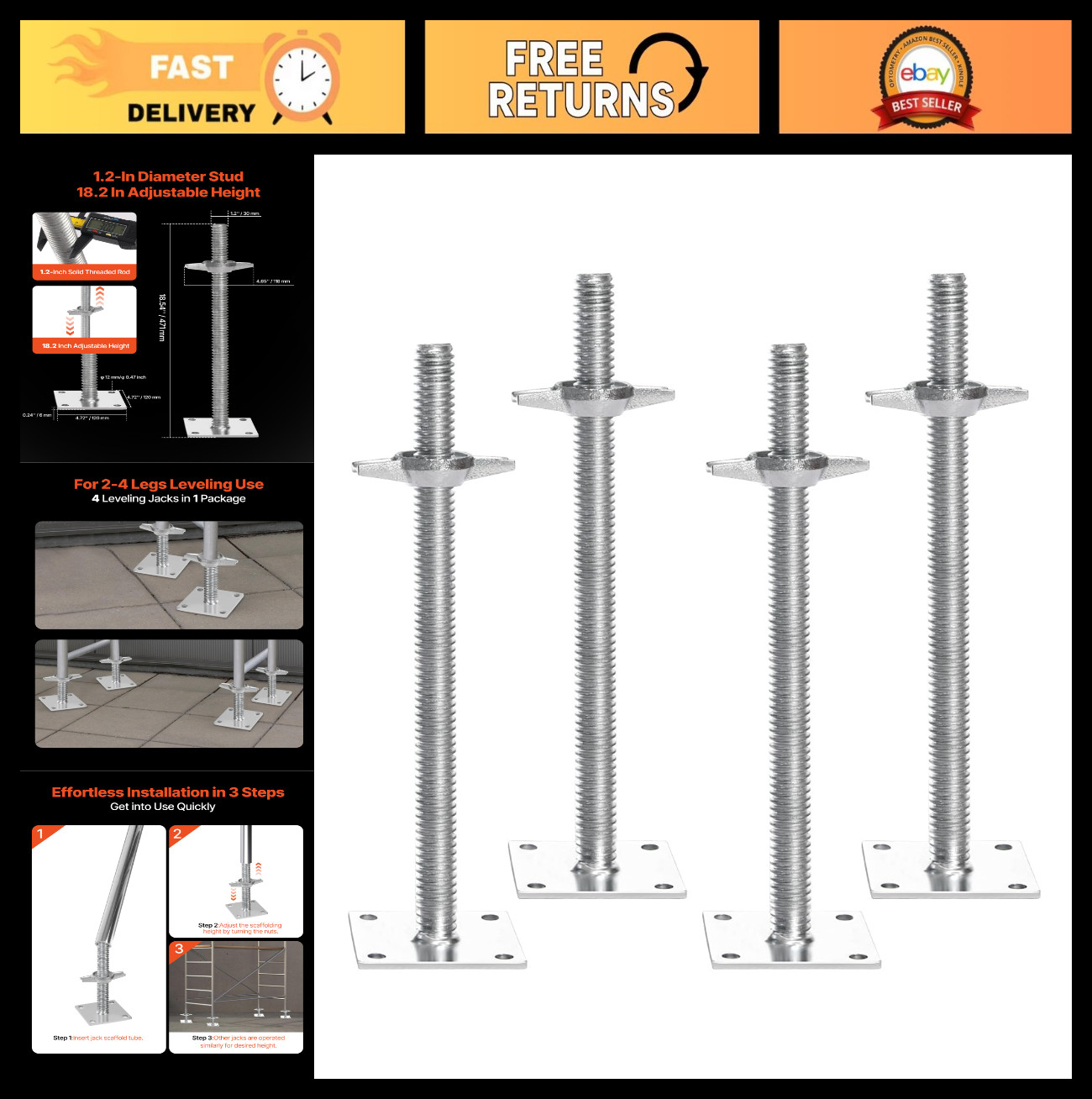 4-Pack Adjustable Leveling Jacks, 18.2″ Height, 3307lbs Load Capacity, Steel Sca