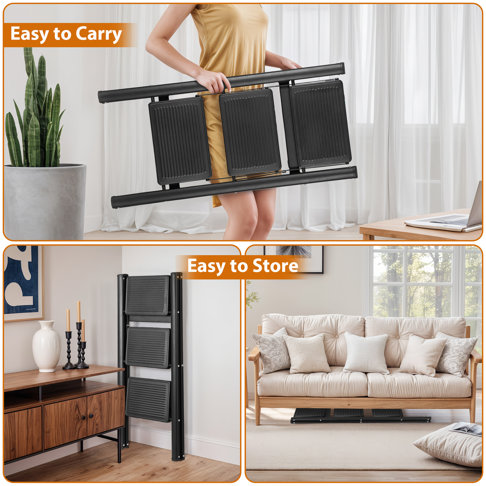 3 Step Ladder Handgrip Folding Step Stool Ladders Anti-Slip Wide Pedal Safety