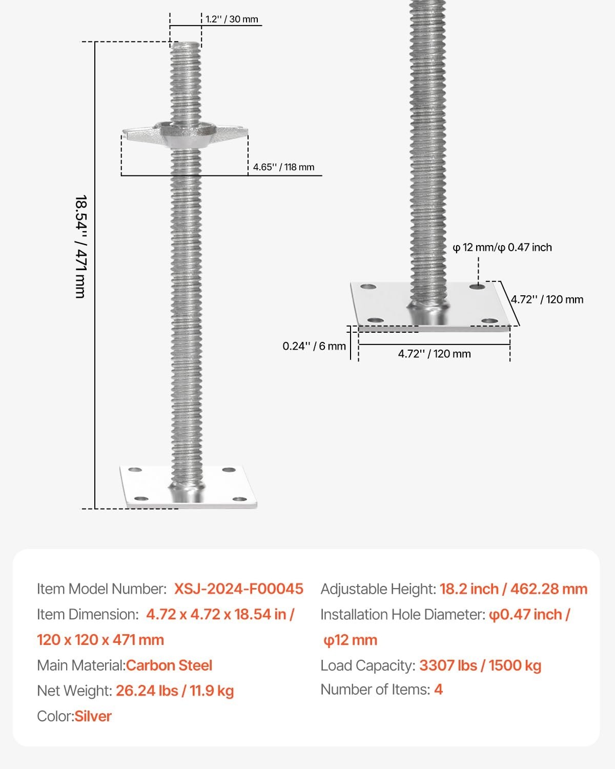Adjustable Leveling Jacks 4-Pack, 18.2″ Height, 3307lbs Capacity, Steel Scaffold