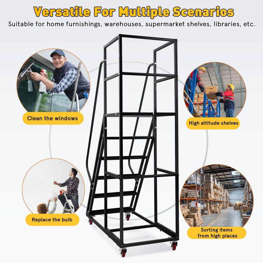 6-Step Rolling Ladder &4 Brake Wheel 1213LBS Heavy Duty Mobile Warehouse Ladder