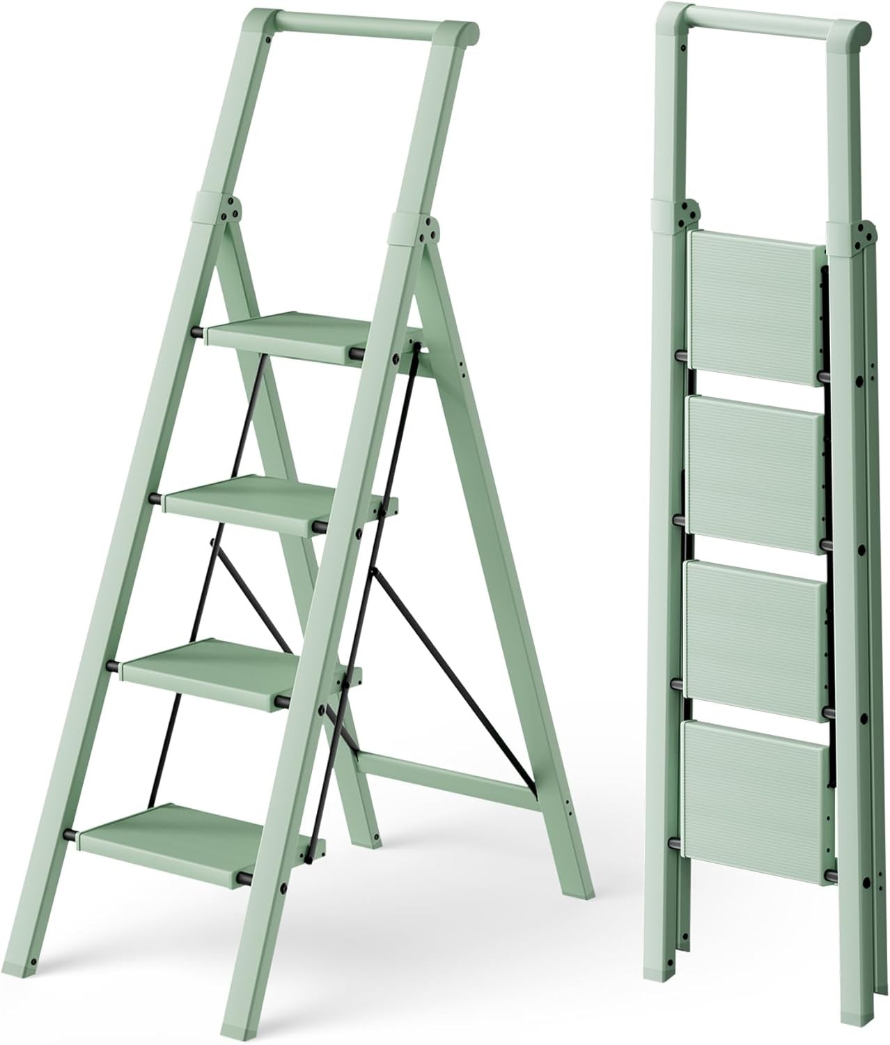 HillhutApex 4-Step Folding Ladder, 330lbs, Non-Slip with Handrails, Light Green
