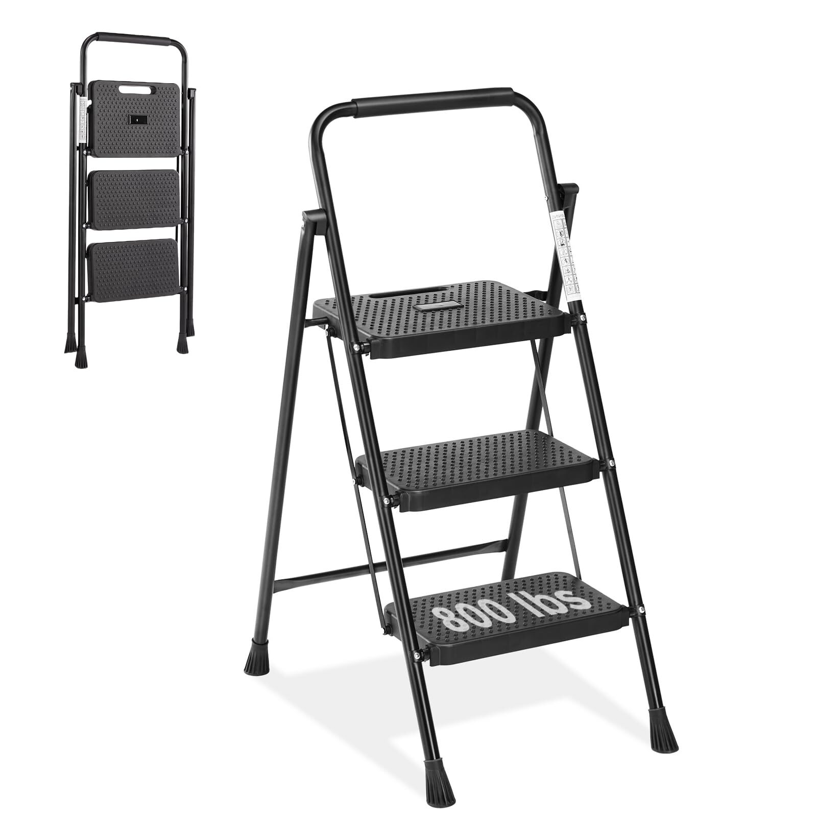 Foldable 3-Step Ladder, 800lbs Capacity, Wide Anti-Slip Base – Portable & Safe